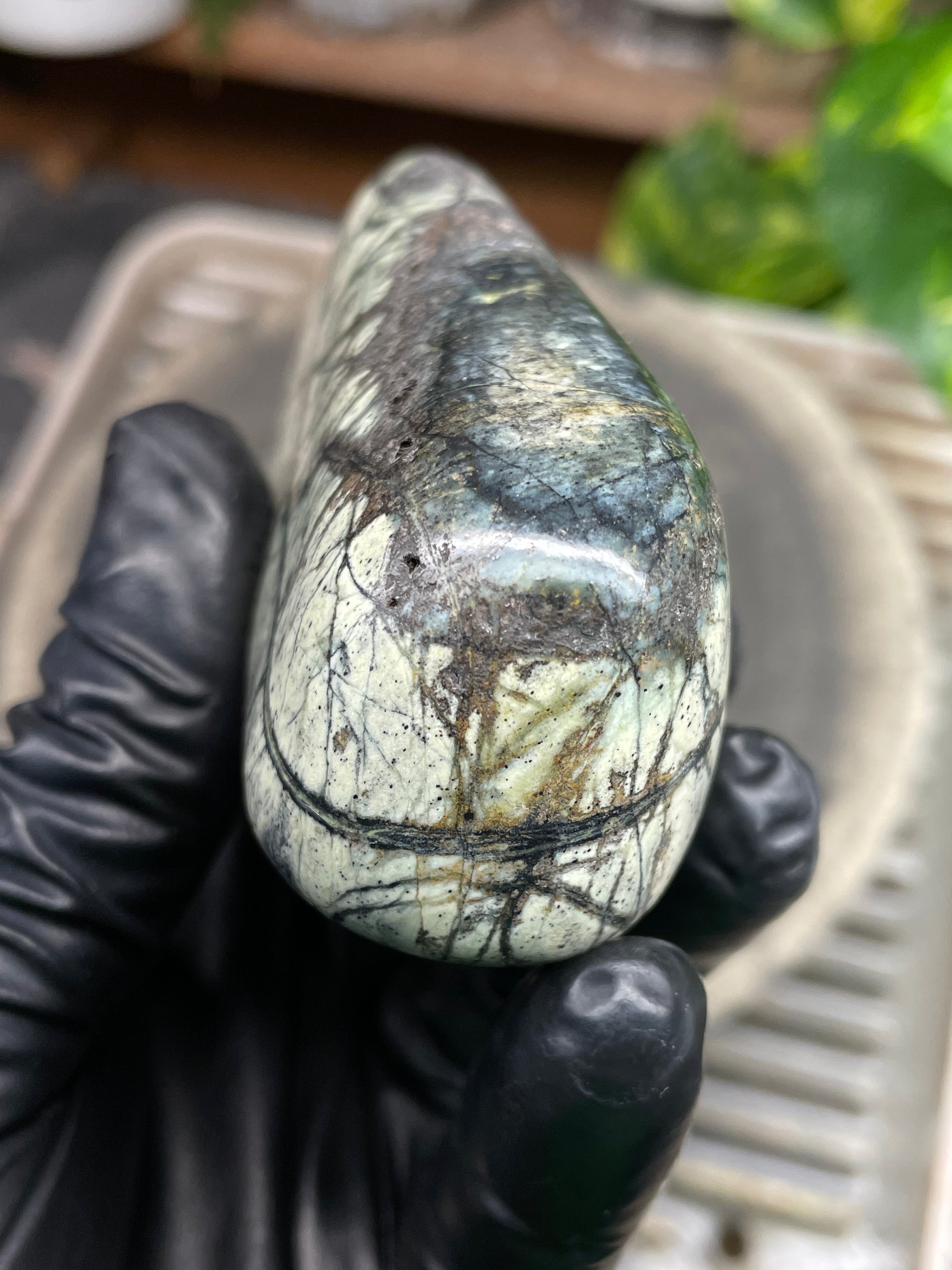StoneBorn Creations Hand-Polished Vermont Serpentine with Spiderweb Veining, Soft Ivory Green Tones, and Natural Earth Markings