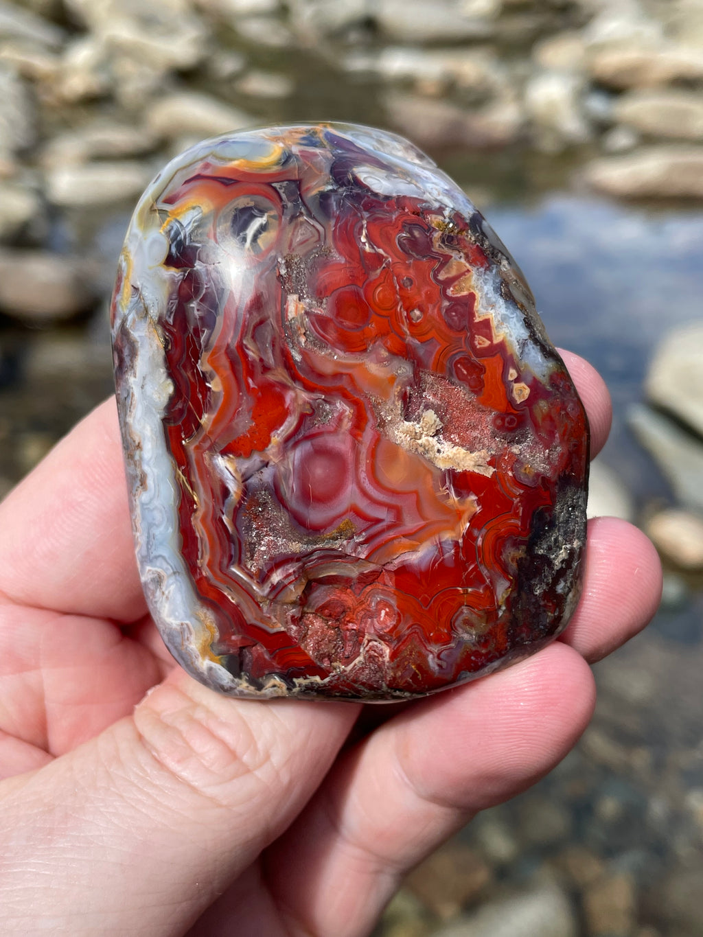 StoneBorn Creations Hand Polished Lace Agate Freeform with Fiery Crimson Banding and Natural Raw Backing