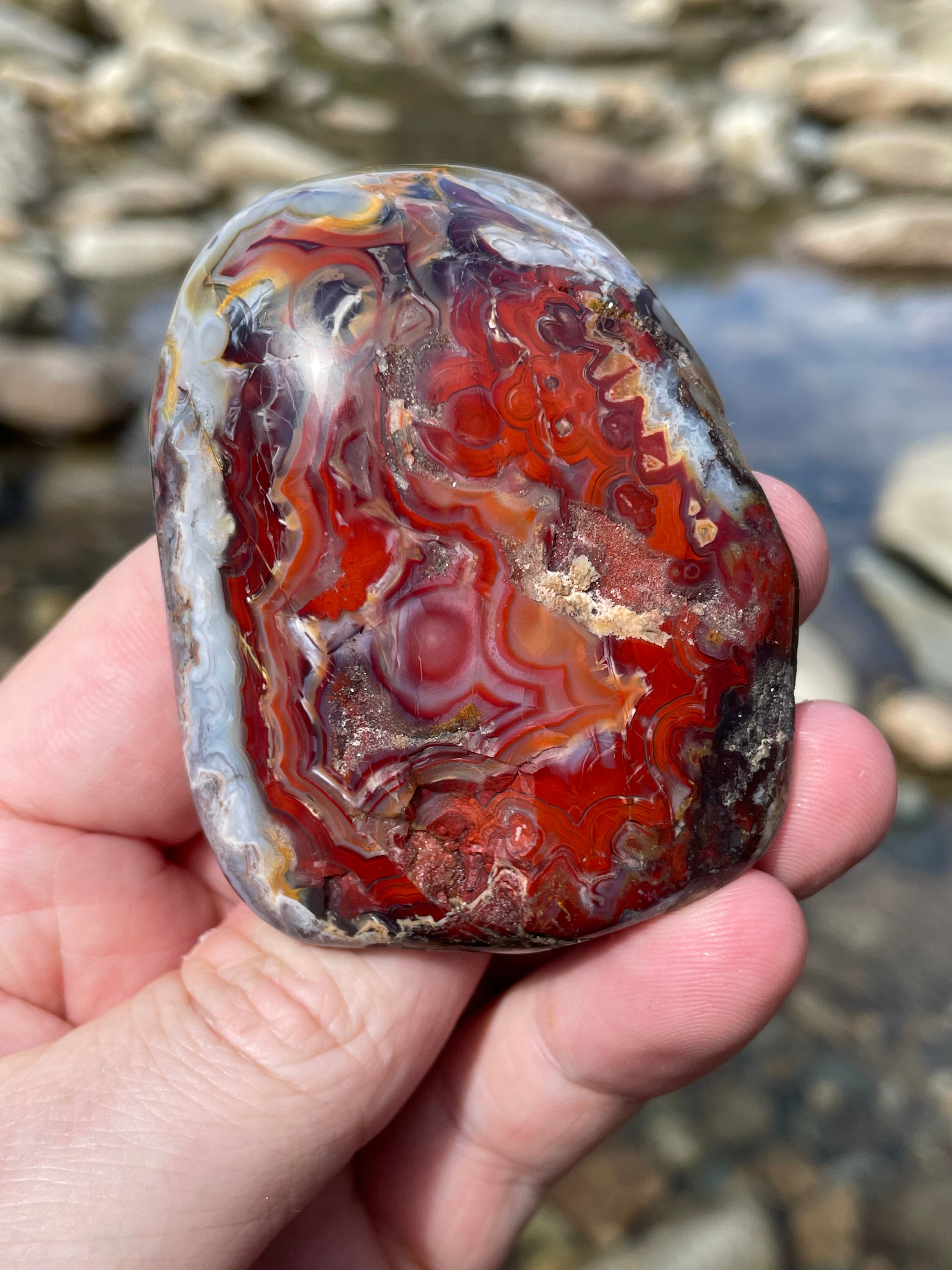 StoneBorn Creations Hand Polished Lace Agate Freeform with Fiery Crimson Banding and Natural Raw Backing