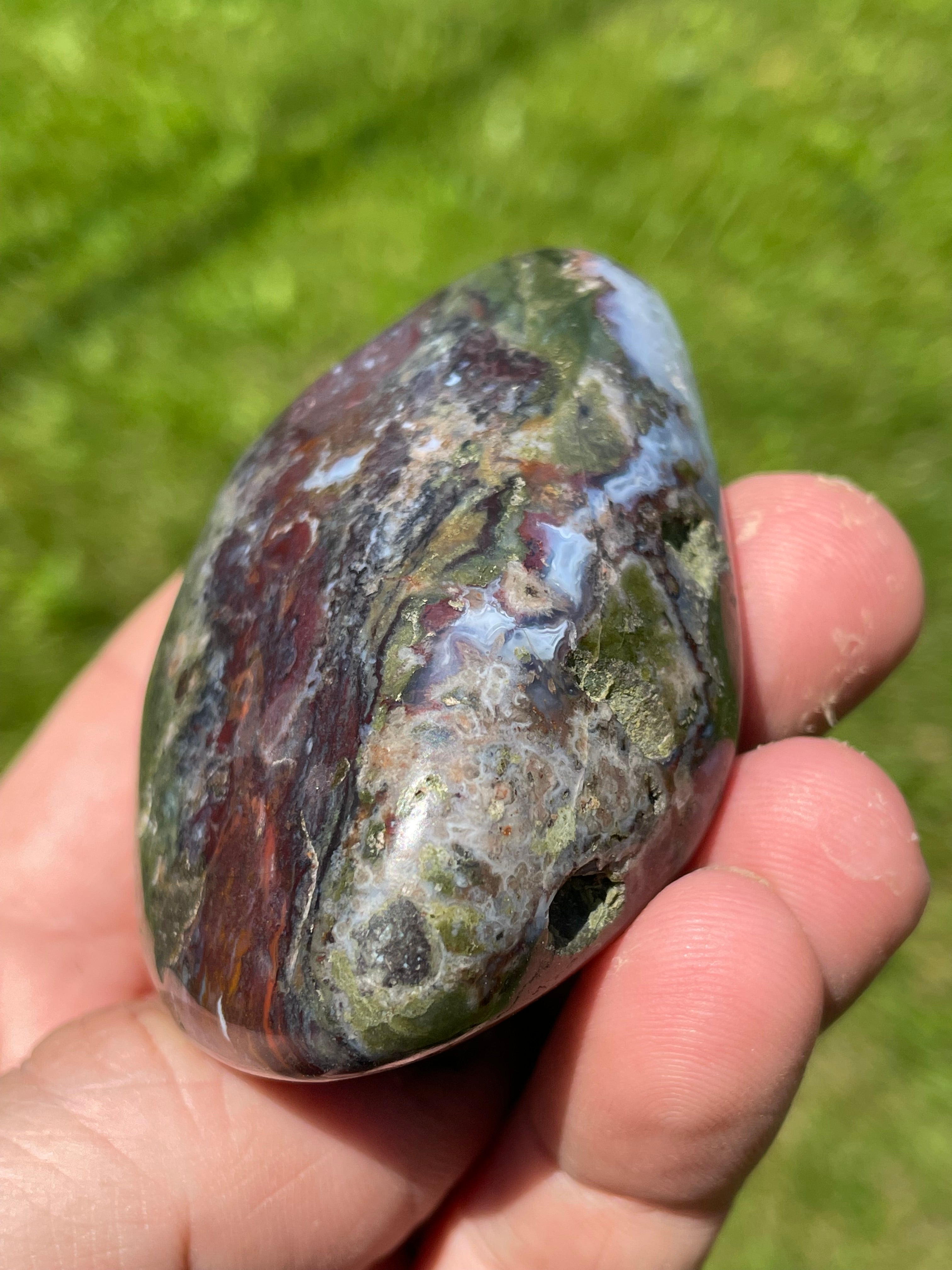 StoneBorn Creations Hand-Polished Green Serpentine & Red Jasper Freeform with Blue Chalcedony Pockets
