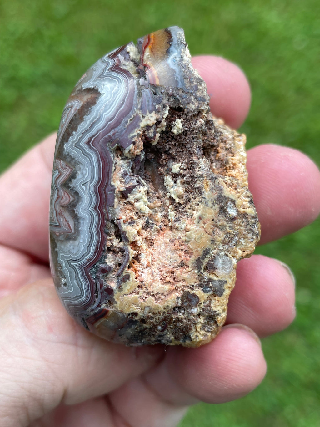 StoneBorn Creations Hand-Polished Custom Shaped Lace Agate Freeform with Natural Druzy Quartz, Orbicular Eyes & Fortification Banding