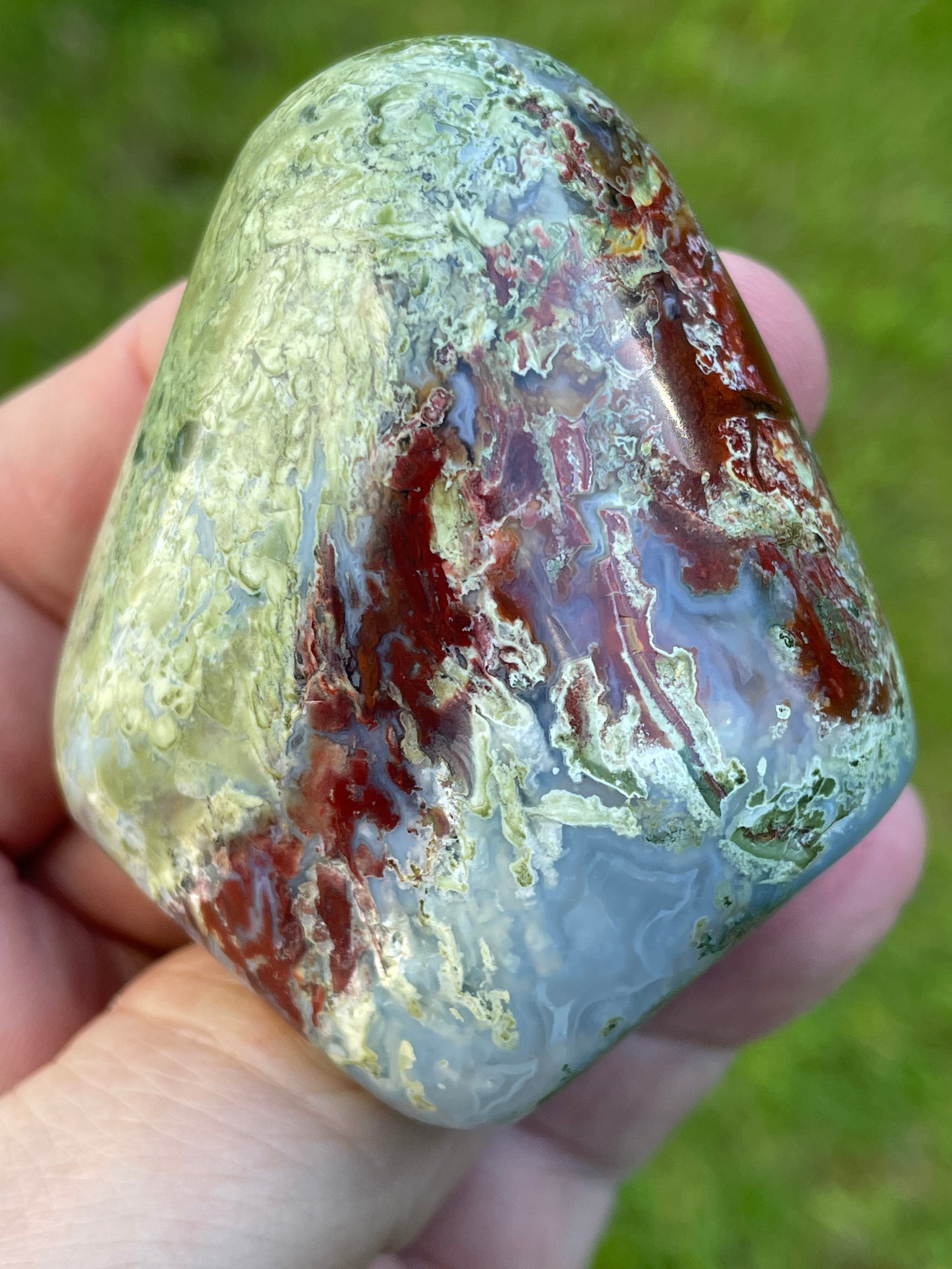 StoneBorn Creations Hand-Polished Agate Freeform with Blue Chalcedony, Deep Red Jasper Inclusions and Green Mossy Matrix