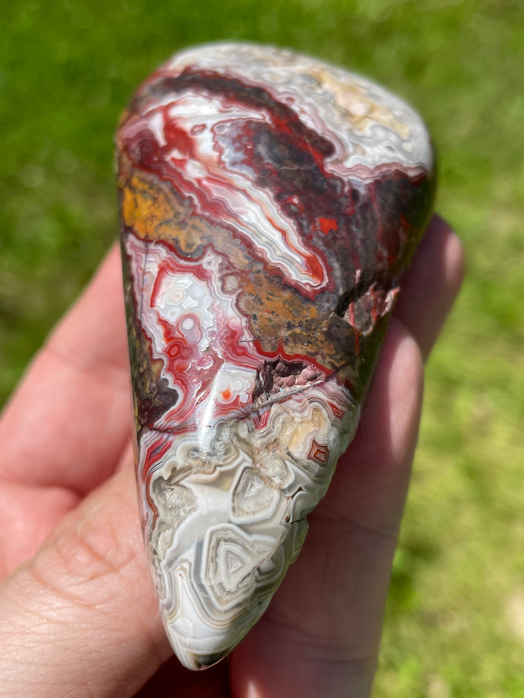 StoneBorn Creations Hand-Polished Lace Agate Freeform with Deep Crimson Banding, Intricate Fortification Patterns, and Natural Druzy Pocket