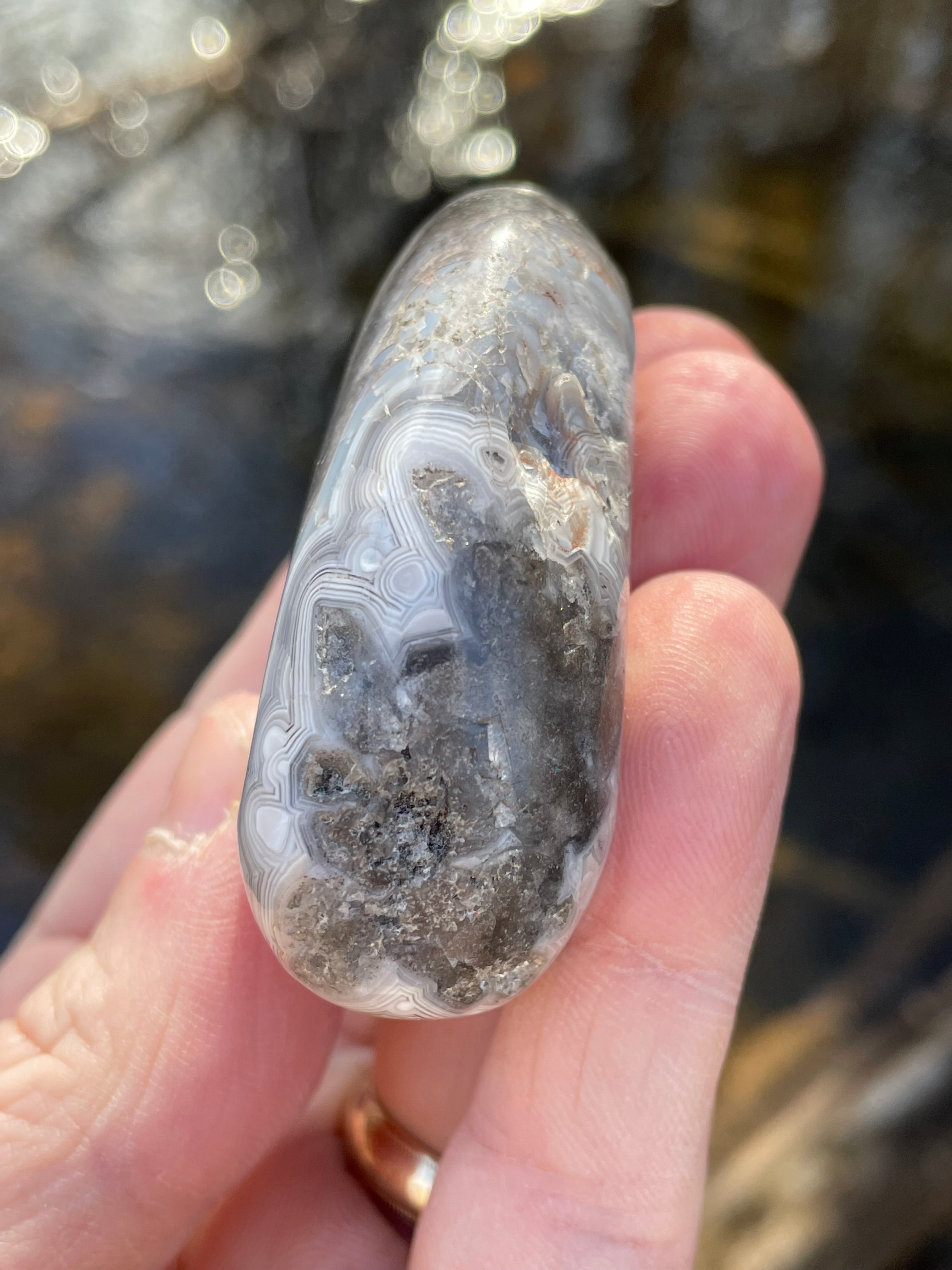 StoneBorn Creations Hand-Polished Banded Agate with Soft Grey Lace Layers Natural Quartz Matrix Freeform Finish