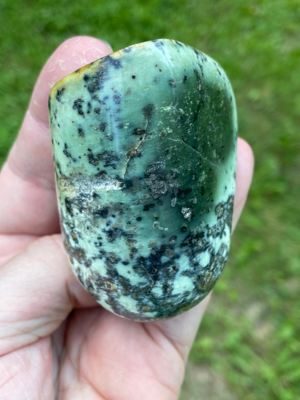 StoneBorn Creations Hand-Polished Green Serpentine Freeform with Deep Forest Green Pocket, Golden Matrix, and Natural Black Mineral Inclusions