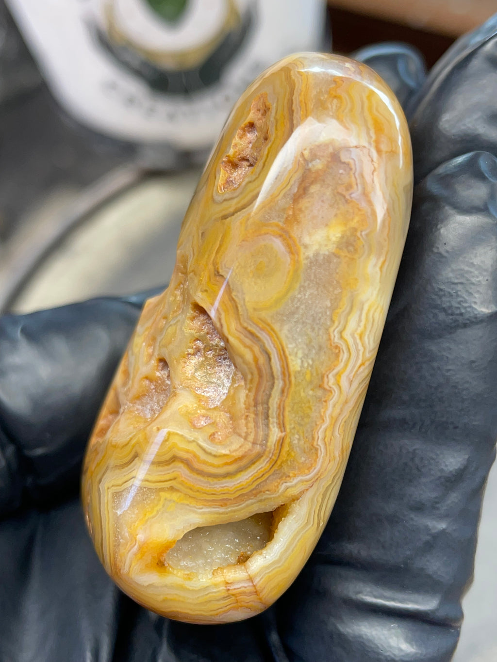 StoneBorn Creations – Crowley Ridge Agate w/ Golden Lace Banding & Natural Druzy Pockets (Hand-Polished)