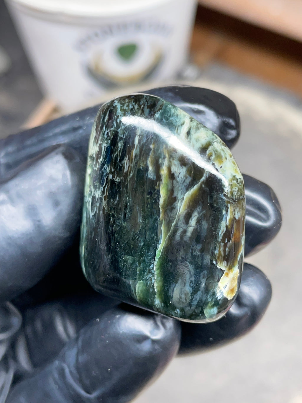 StoneBorn Creations Hand-Polished Vermont Serpentine – Deep Green Natural Patterns – One-of-a-Kind Display Stone