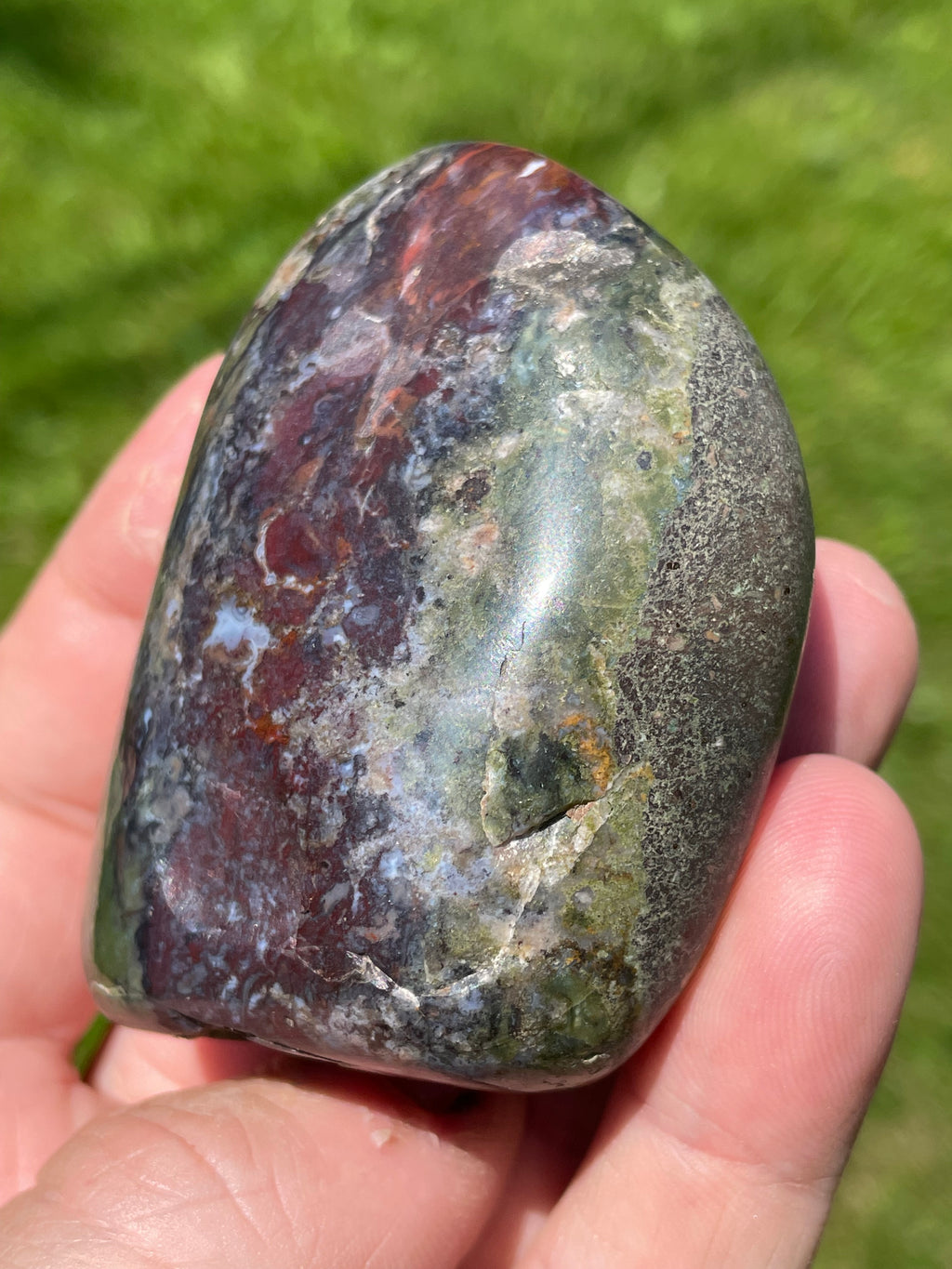 StoneBorn Creations Hand-Polished Green Serpentine & Red Jasper Freeform with Blue Chalcedony Pockets