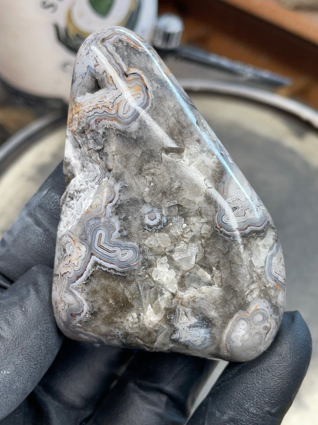 StoneBorn Creations | Hand-Polished Lace Agate with Natural Quartz Crystal Pockets