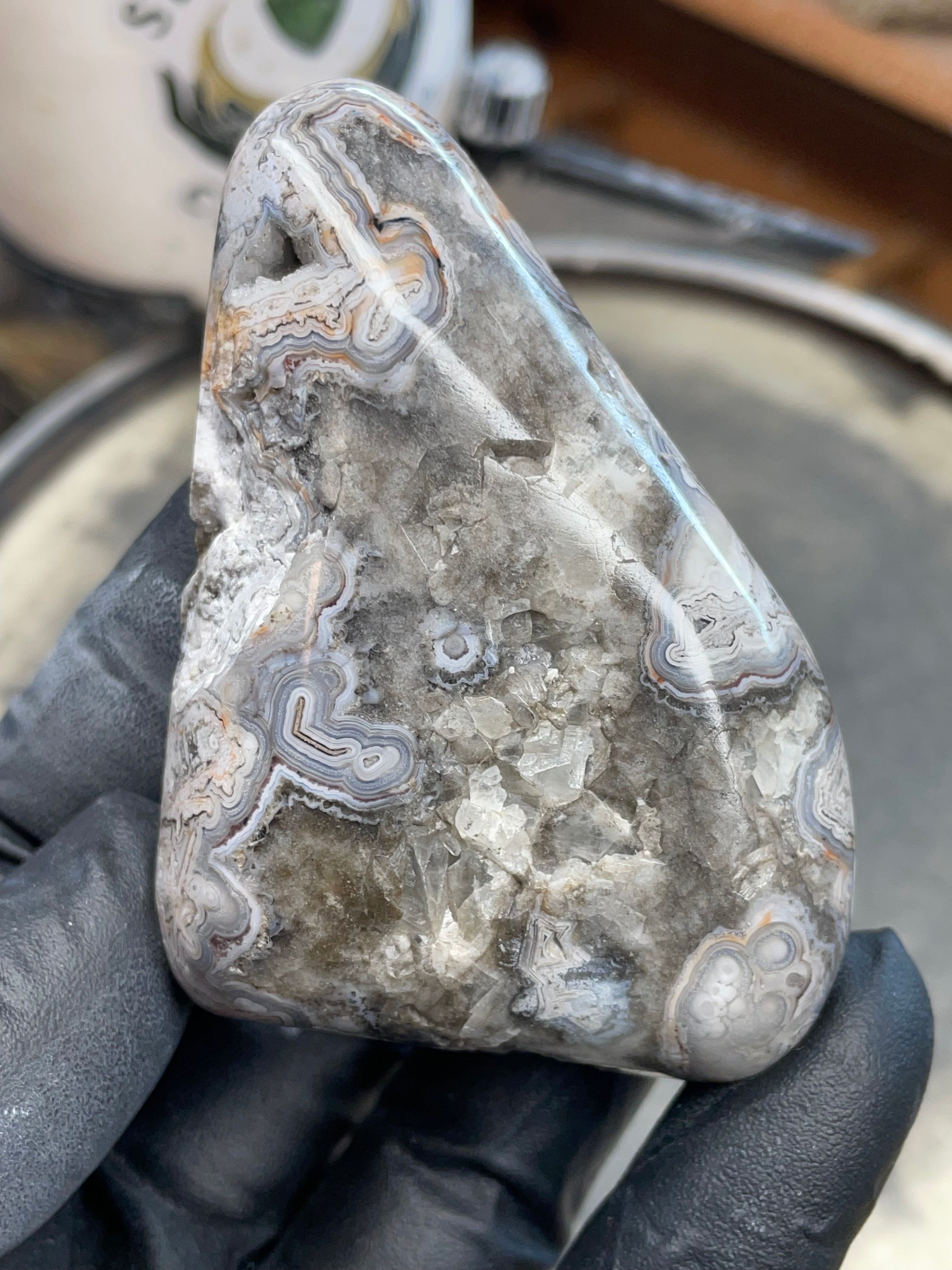 StoneBorn Creations | Hand-Polished Lace Agate with Natural Quartz Crystal Pockets