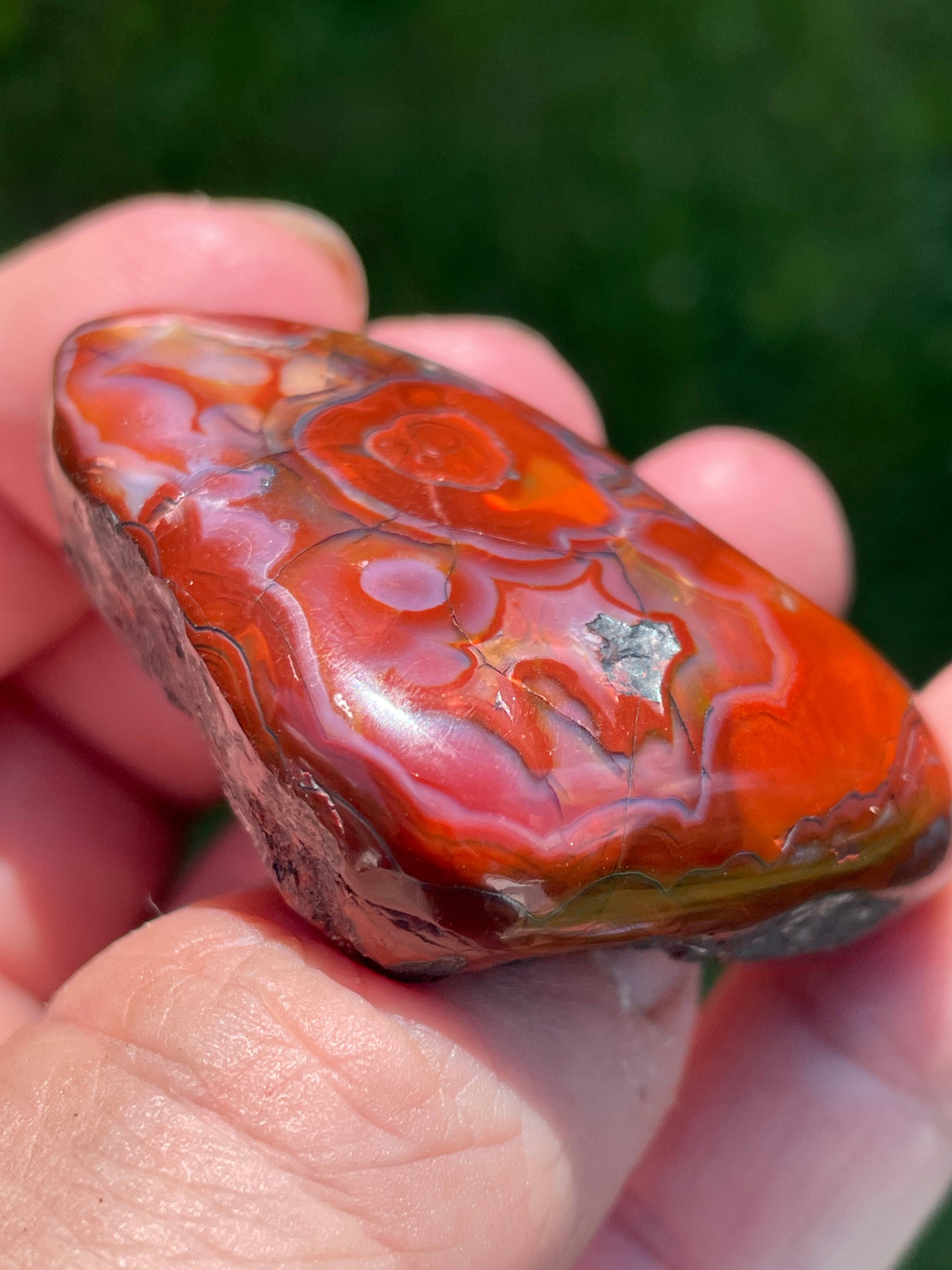 StoneBorn Creations Hand-Polished Lace Agate Freeform with Bold Red Plumes, Fortification Banding & Natural Matrix