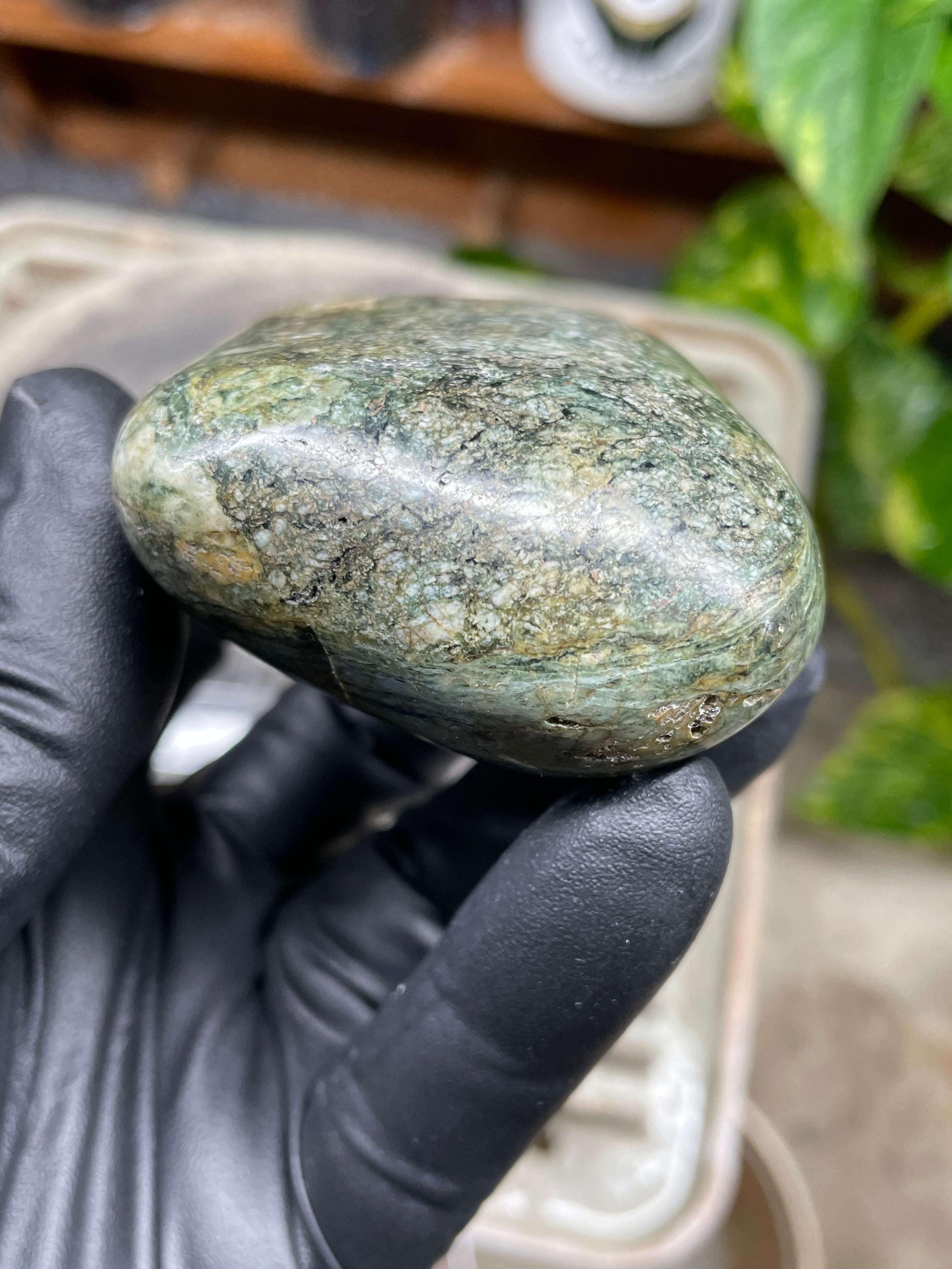 StoneBorn Creations Hand-Polished Vermont River Stone Freeform | Natural Green Mineral Texture Display Stone