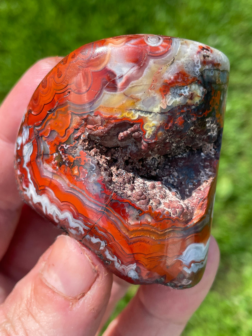 StoneBorn Creations Hand-Polished Lace Agate Freeform with Crimson Fortification Banding, Natural Druzy Pocket, and Preserved Volcanic Matrix