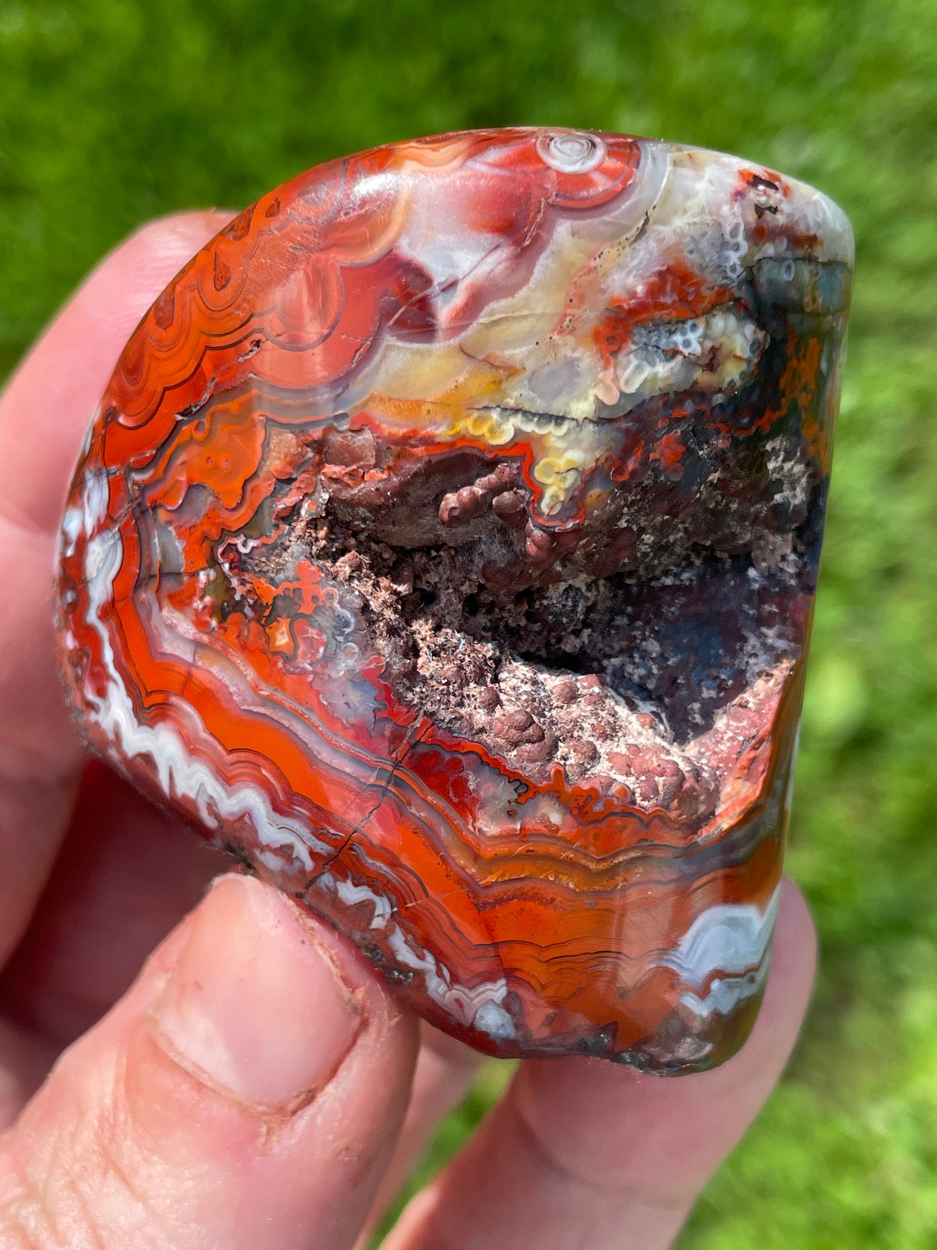 StoneBorn Creations Hand-Polished Lace Agate Freeform with Crimson Fortification Banding, Natural Druzy Pocket, and Preserved Volcanic Matrix