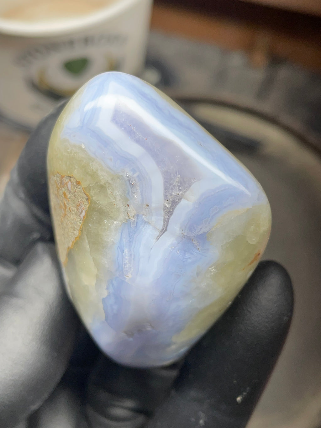 StoneBorn Creations Hand Polished Blue Chalcedony Agate with Natural Druzy Pocket