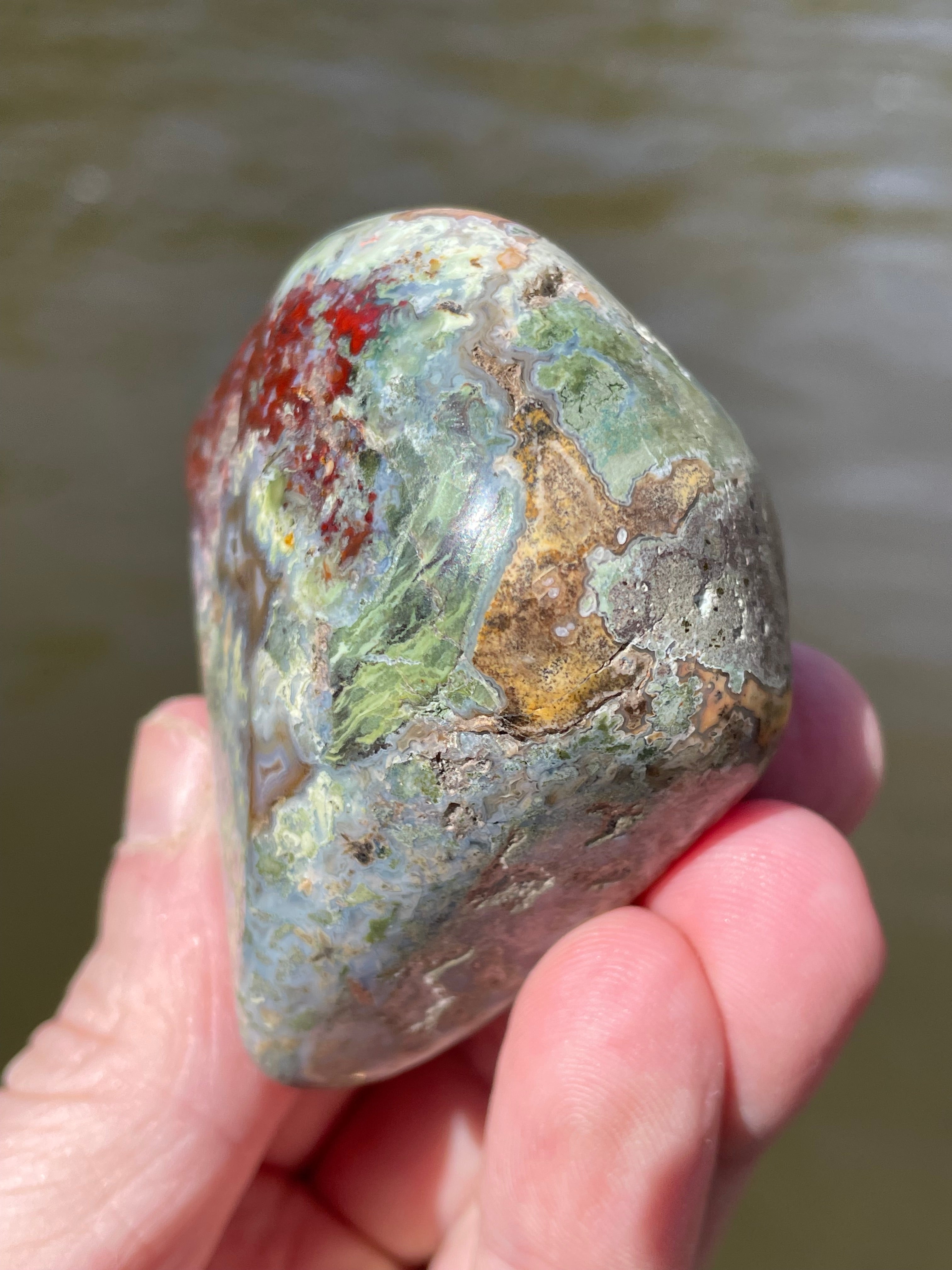 StoneBorn Creations Hand-Polished Lace Agate with Crimson Plumes, Moss Green Inclusions & Natural Freeform Finish