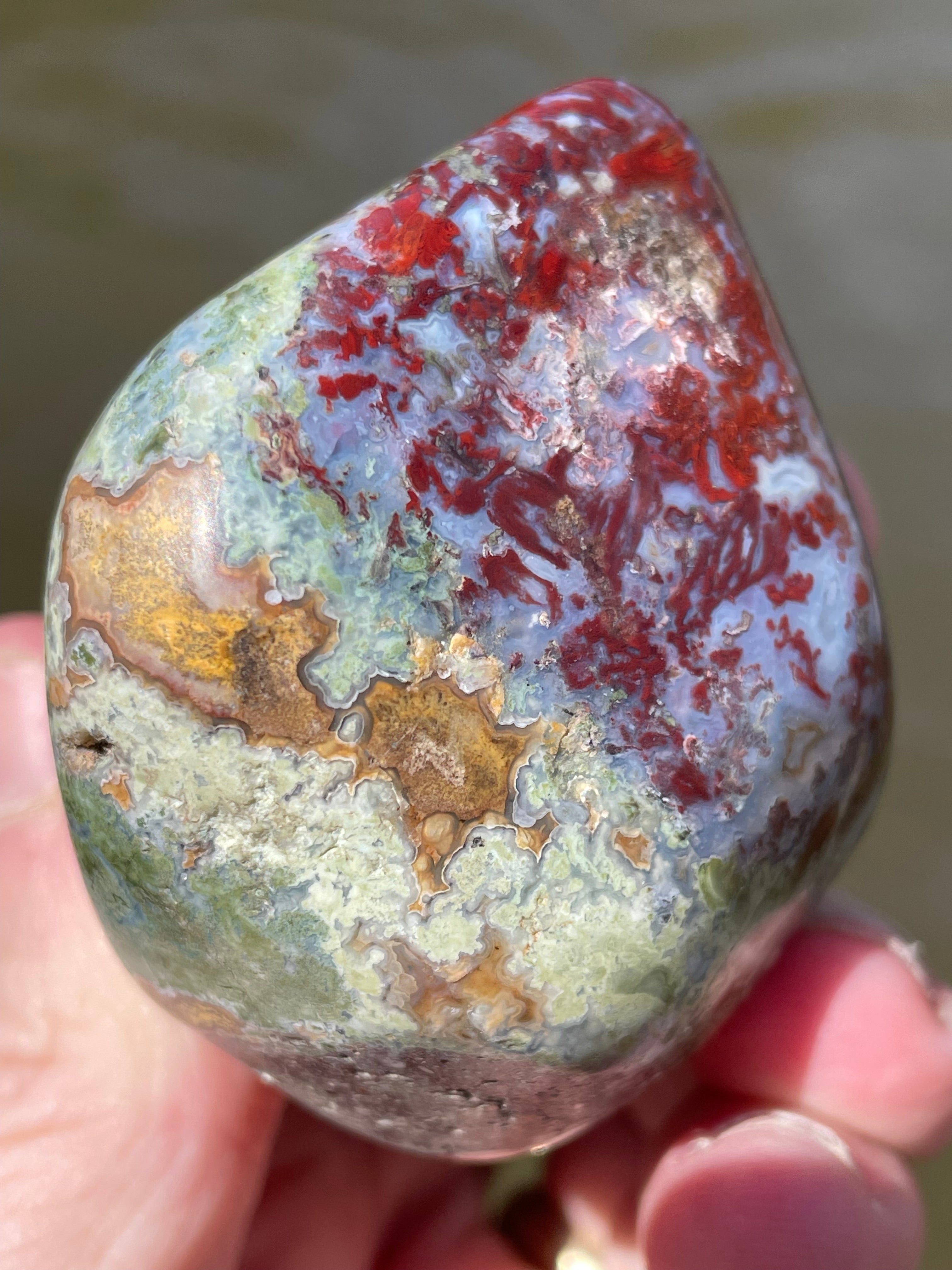 StoneBorn Creations Hand-Polished Lace Agate with Crimson Plumes, Moss Green Inclusions & Natural Freeform Finish