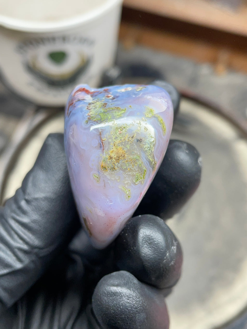 StoneBorn Creations – Hand-Polished Blue Lace Agate with Red Plume Inclusions & Natural Druzy