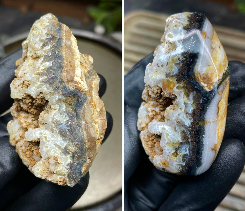 StoneBorn Creations Hand-Polished Crystal Pocket Agate Freeform | Raw Druzy Crown | Natural Chalcedony & Earth Tones