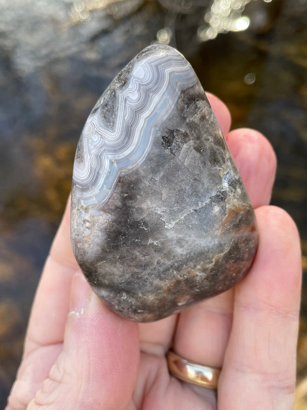 StoneBorn Creations Hand-Polished Banded Agate with Soft Grey Lace Layers Natural Quartz Matrix Freeform Finish