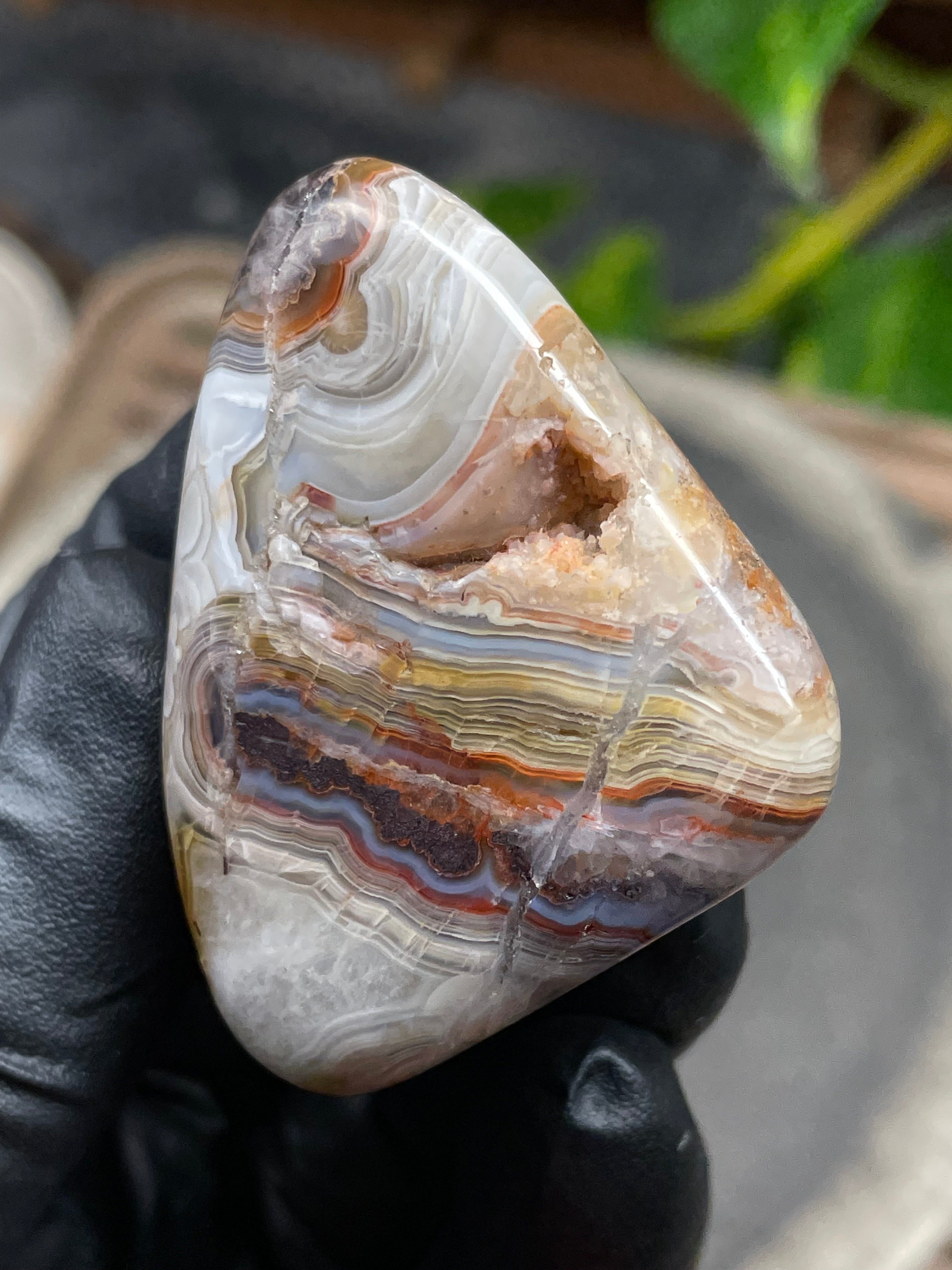 Hand-Polished Banded Agate with Natural Druzy Pocket, Layered Earth Tones & Full 360° Finish