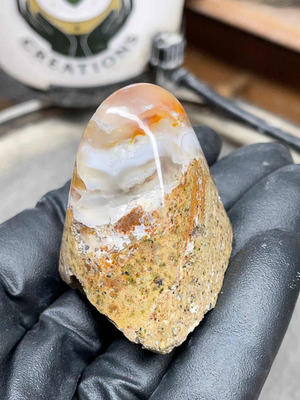 StoneBorn Creations Hand-Shaped Fire Agate with Natural Banding and Raw Matrix Base