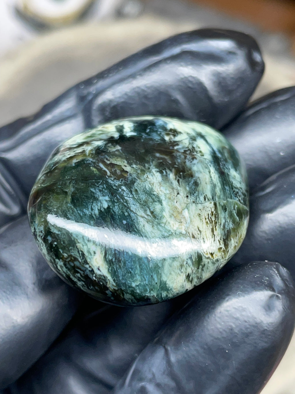StoneBorn Creations Hand-Polished Vermont Serpentine – Deep Green Natural Patterns – One-of-a-Kind Display Stone