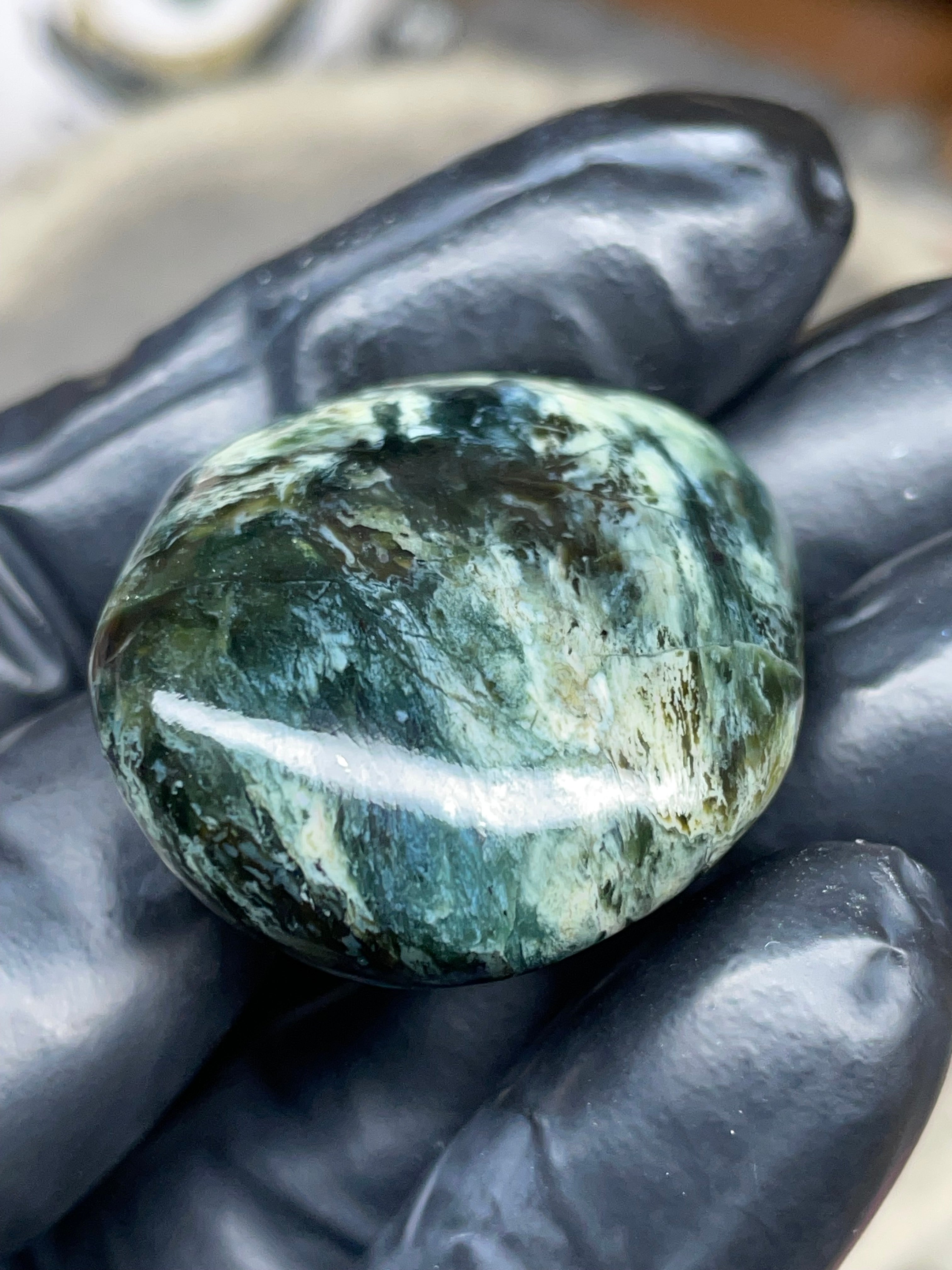 StoneBorn Creations Hand-Polished Vermont Serpentine – Deep Green Natural Patterns – One-of-a-Kind Display Stone