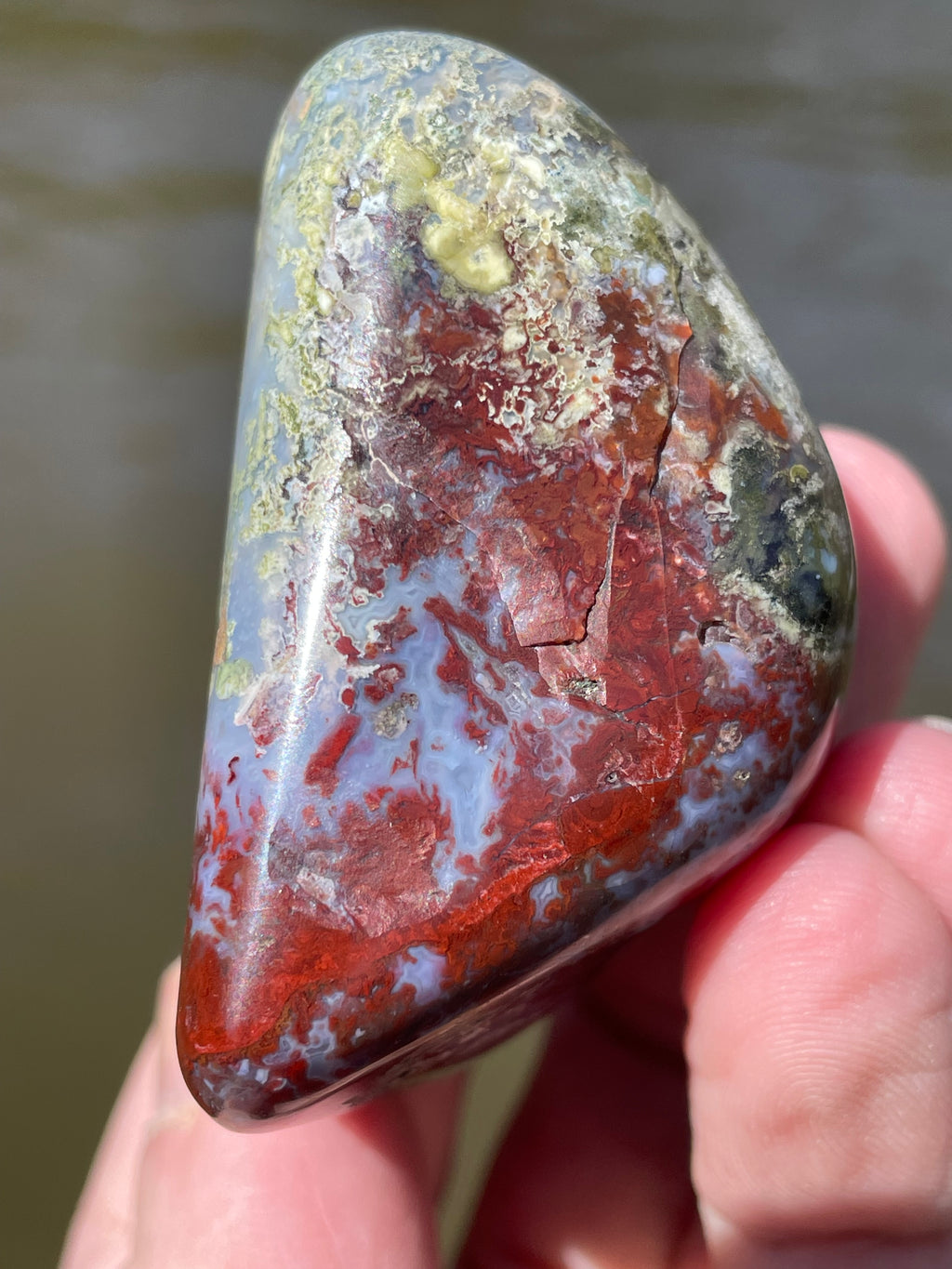 StoneBorn Creations Hand-Polished Lace Agate with Crimson Plumes, Moss Green Inclusions & Natural Freeform Finish