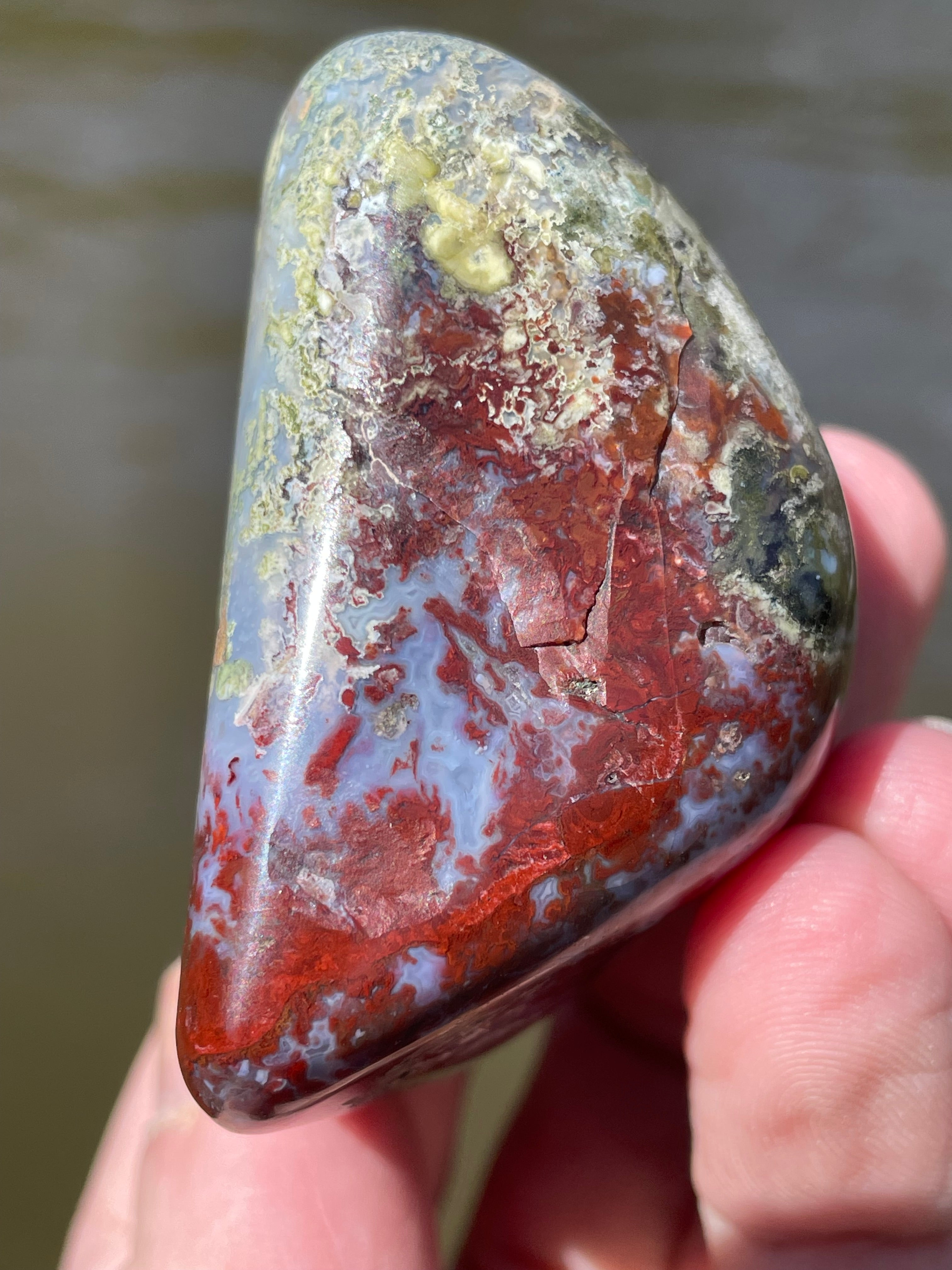 StoneBorn Creations Hand-Polished Lace Agate with Crimson Plumes, Moss Green Inclusions & Natural Freeform Finish