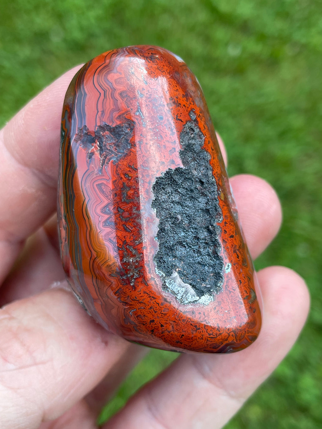 StoneBorn Creations Hand-Polished Lace Agate Freeform with Intricate Fortification Banding, Bold Red Plumes & Natural Druzy Matrix