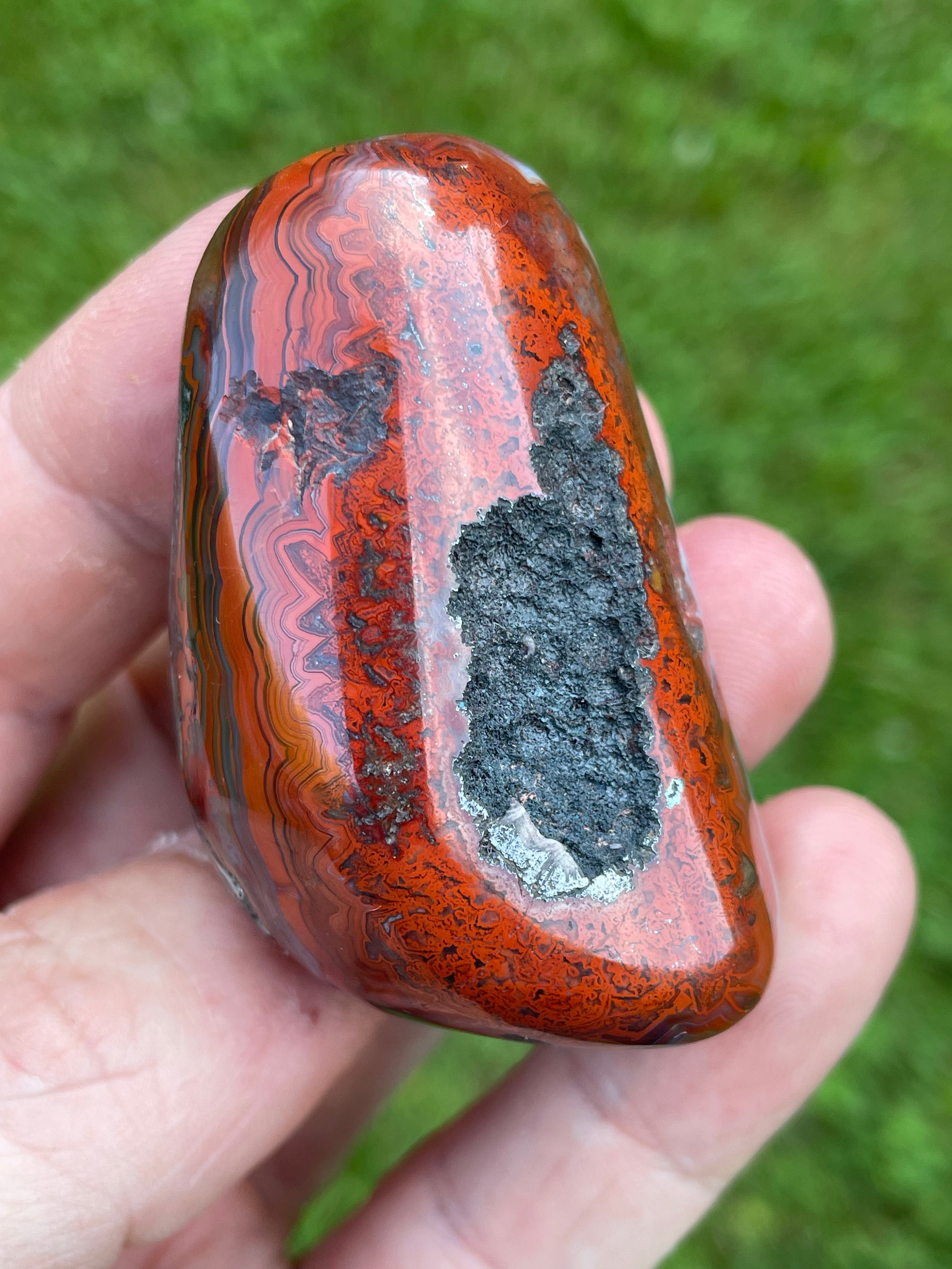 StoneBorn Creations Hand-Polished Lace Agate Freeform with Intricate Fortification Banding, Bold Red Plumes & Natural Druzy Matrix