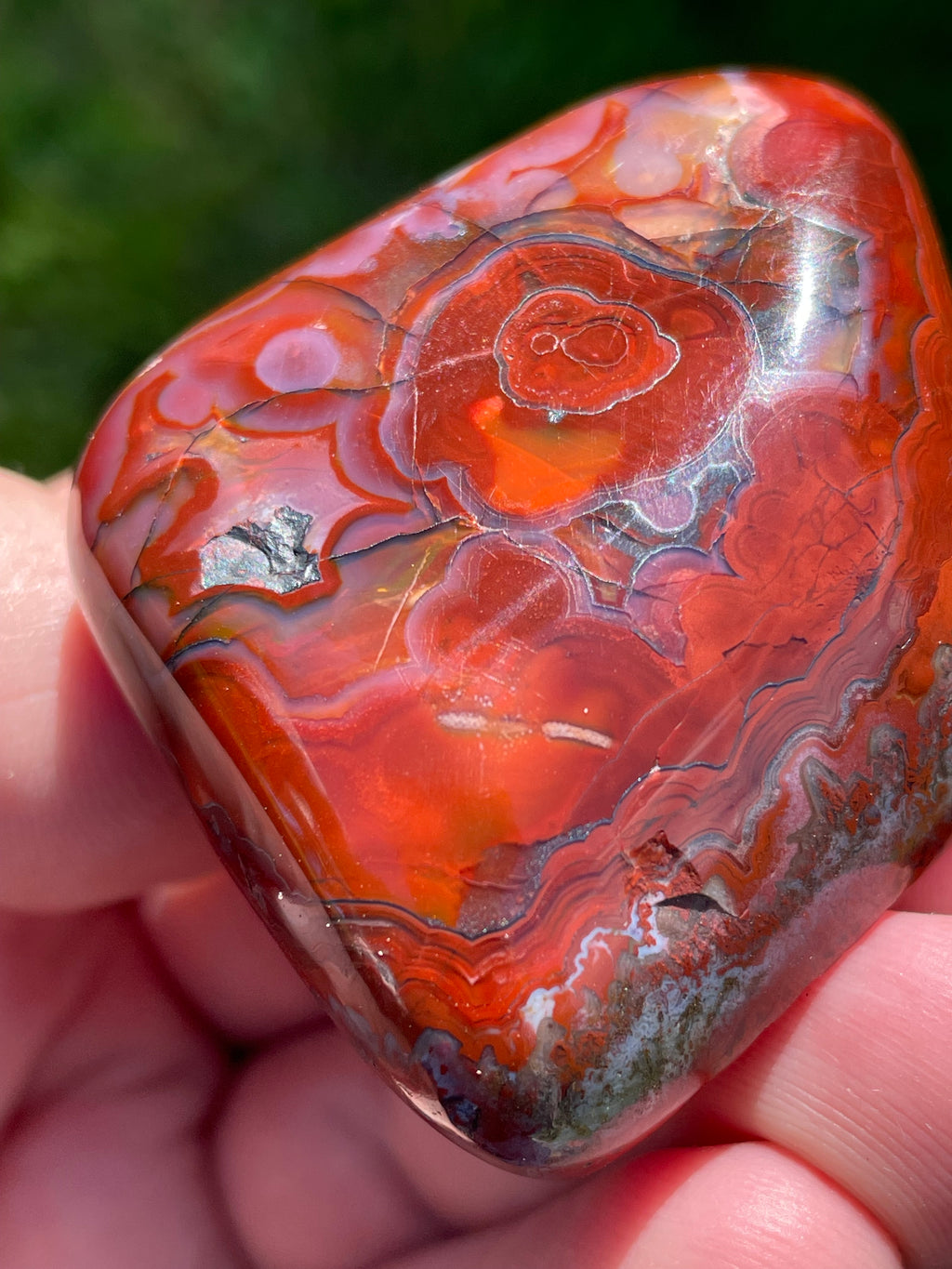 StoneBorn Creations Hand-Polished Lace Agate Freeform with Bold Red Plumes, Fortification Banding & Natural Matrix