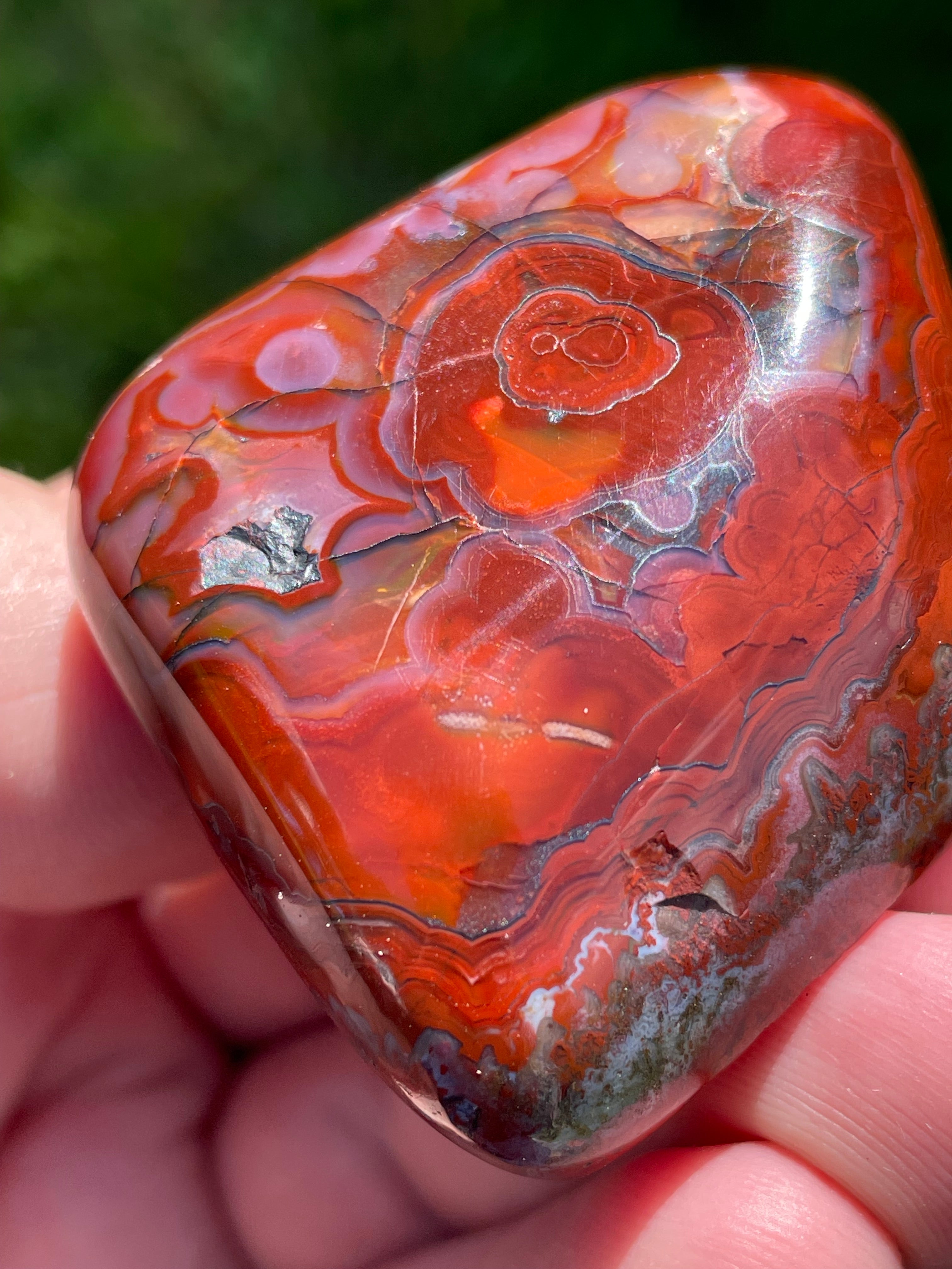 StoneBorn Creations Hand-Polished Lace Agate Freeform with Bold Red Plumes, Fortification Banding & Natural Matrix