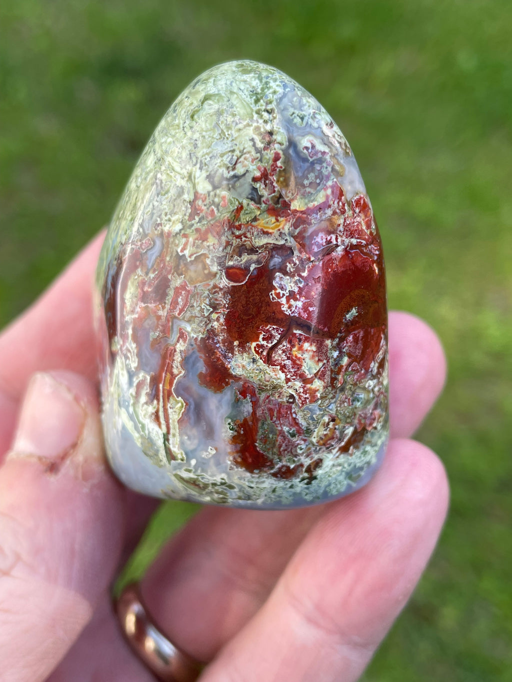 StoneBorn Creations Hand-Polished Agate Freeform with Blue Chalcedony, Deep Red Jasper Inclusions and Green Mossy Matrix