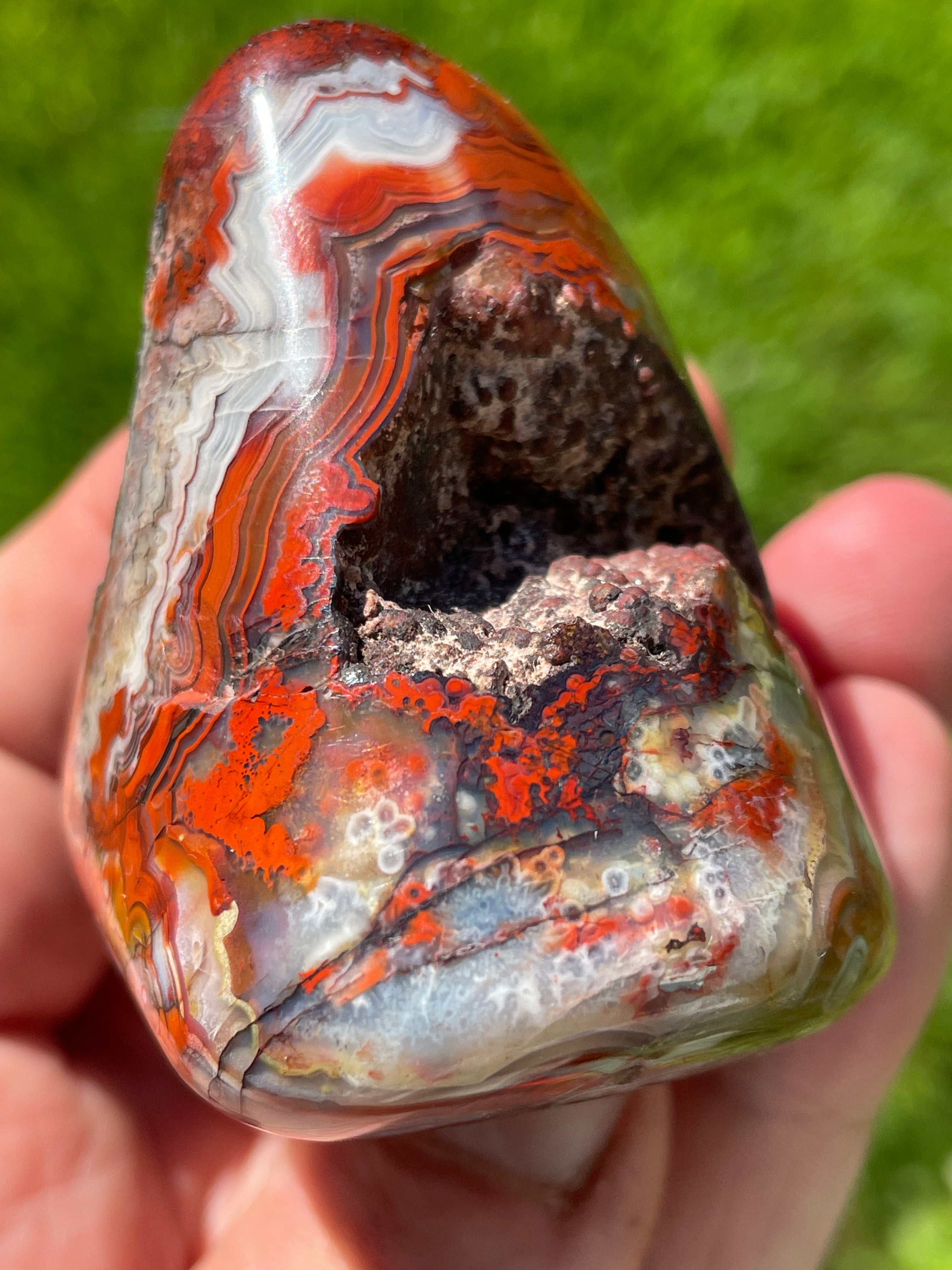 StoneBorn Creations Hand-Polished Lace Agate Freeform with Crimson Fortification Banding, Natural Druzy Pocket, and Preserved Volcanic Matrix