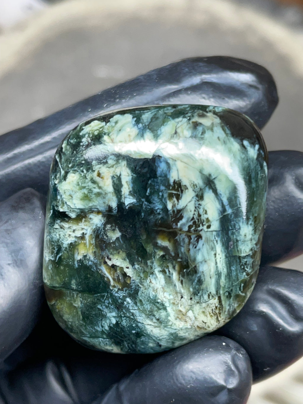 StoneBorn Creations Hand-Polished Vermont Serpentine – Deep Green Natural Patterns – One-of-a-Kind Display Stone