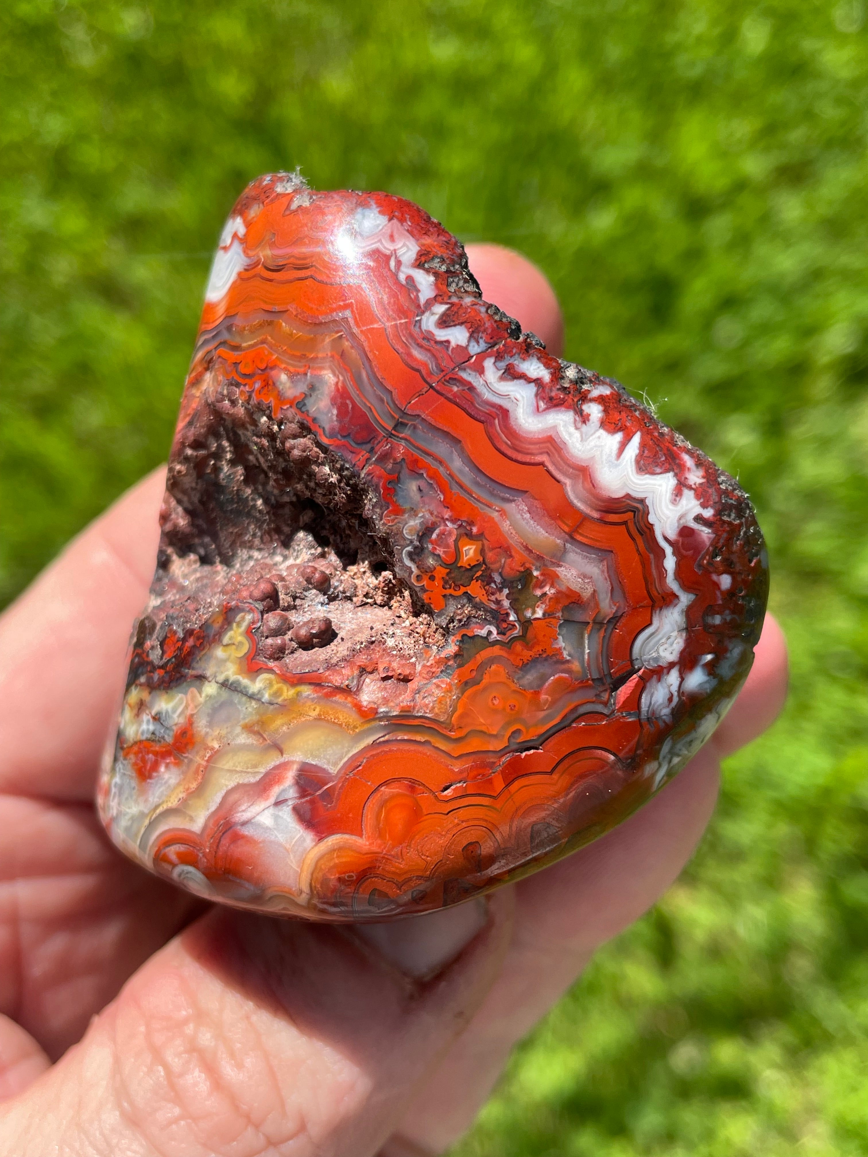 StoneBorn Creations Hand-Polished Lace Agate Freeform with Crimson Fortification Banding, Natural Druzy Pocket, and Preserved Volcanic Matrix