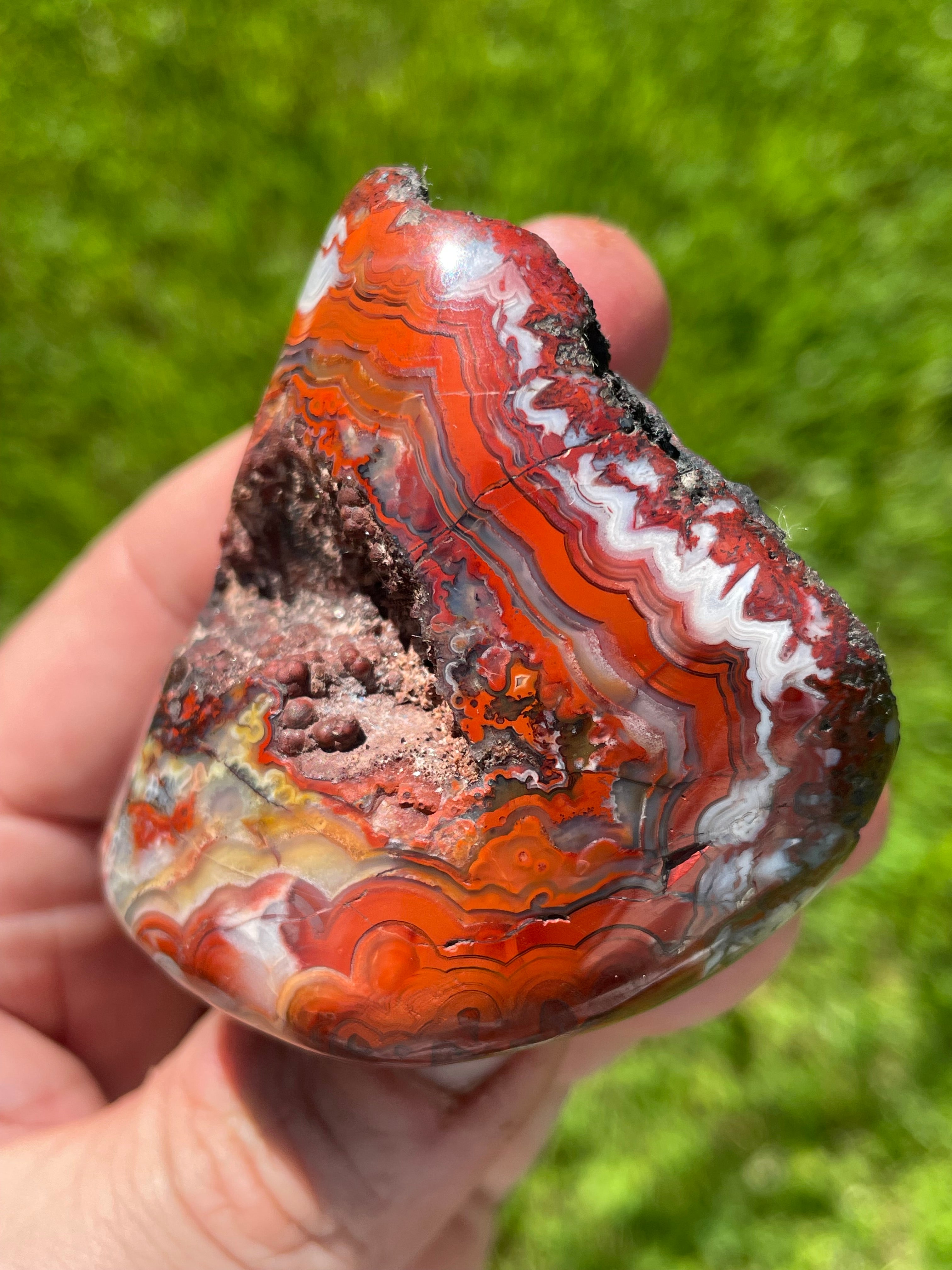 StoneBorn Creations Hand-Polished Lace Agate Freeform with Crimson Fortification Banding, Natural Druzy Pocket, and Preserved Volcanic Matrix