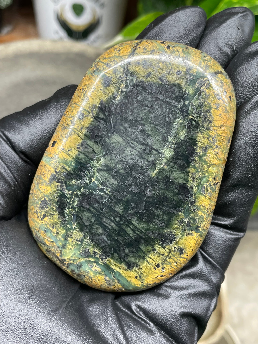 StoneBorn Creations Hand-Polished Vermont River Stone Pair – Rounded Freeform Halves with Natural Raw Backs & Deep Green Interior Patterns