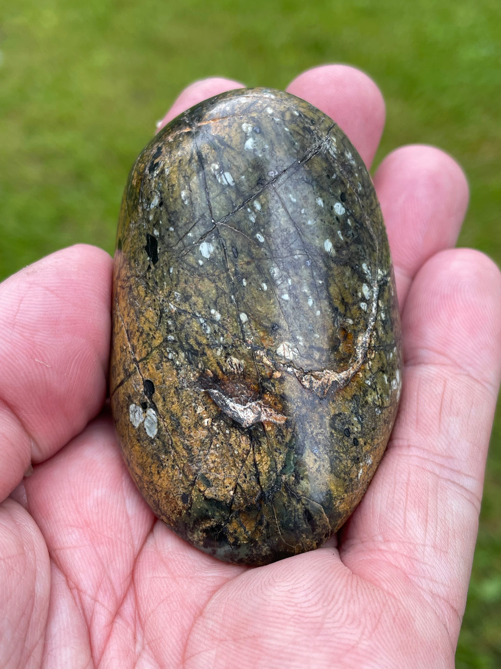 StoneBorn Creations Hand Polished Serpentine Freeform with Natural Olive Matrix, White Mineral Inclusions and Intricate Veining