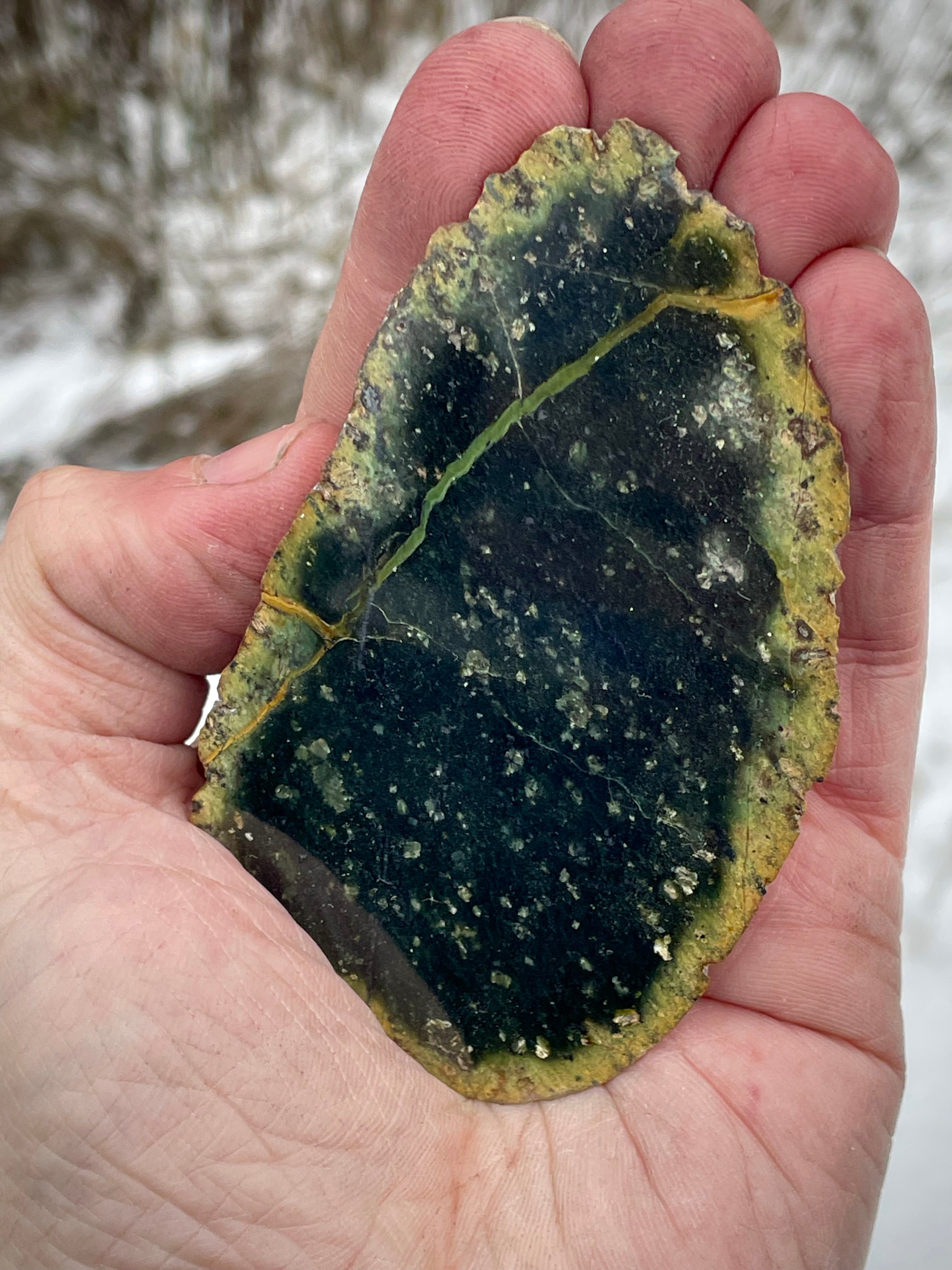 🌲 Polished Vermont Serpentine Stone – Dark Veined Freeform Slice (Hand-Collected & Polished)