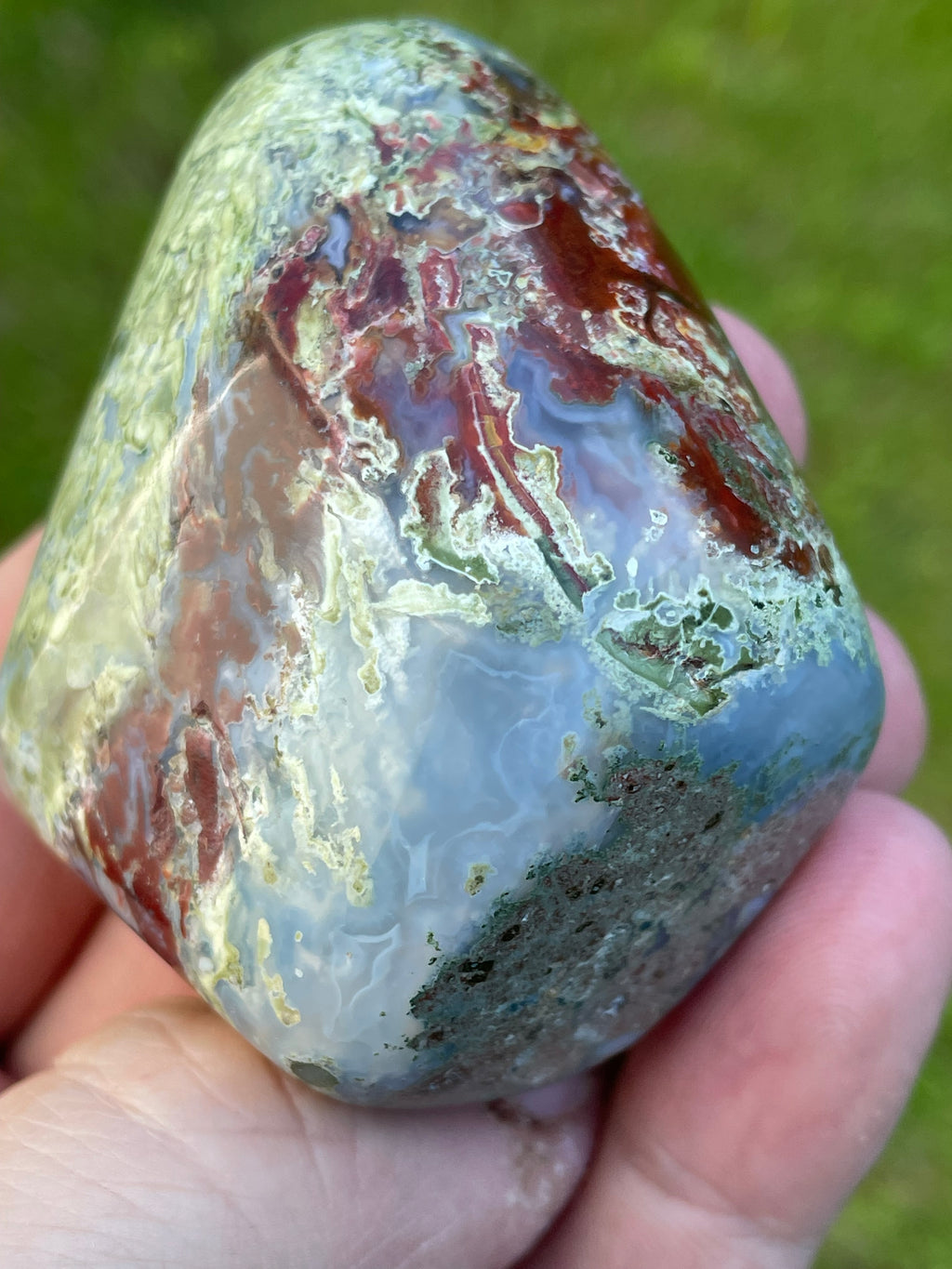 StoneBorn Creations Hand-Polished Agate Freeform with Blue Chalcedony, Deep Red Jasper Inclusions and Green Mossy Matrix