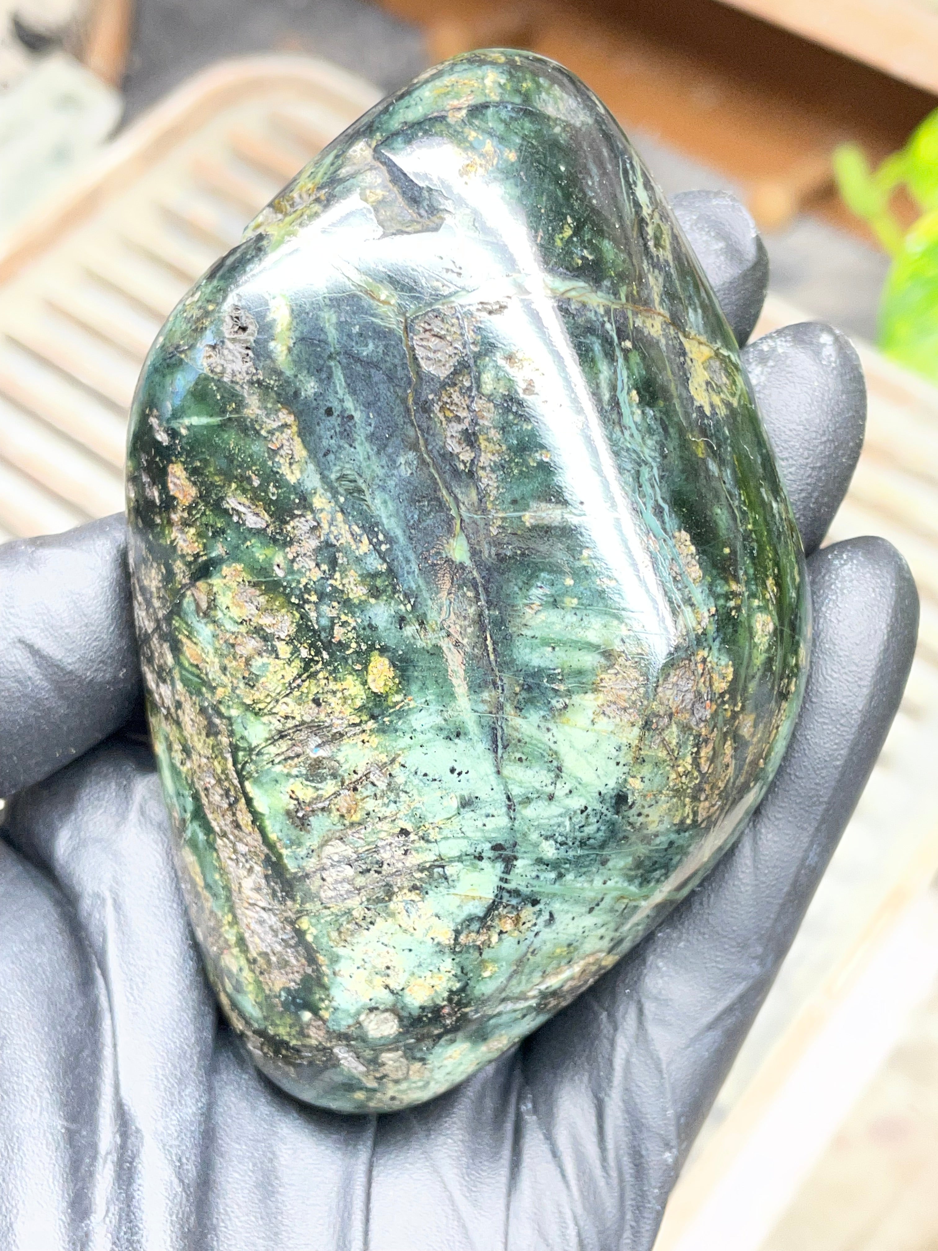 StoneBorn Creations Half-Polished Vermont Serpentine with Natural Gold Flecking – Raw & Polished One-of-a-Kind Display Stone