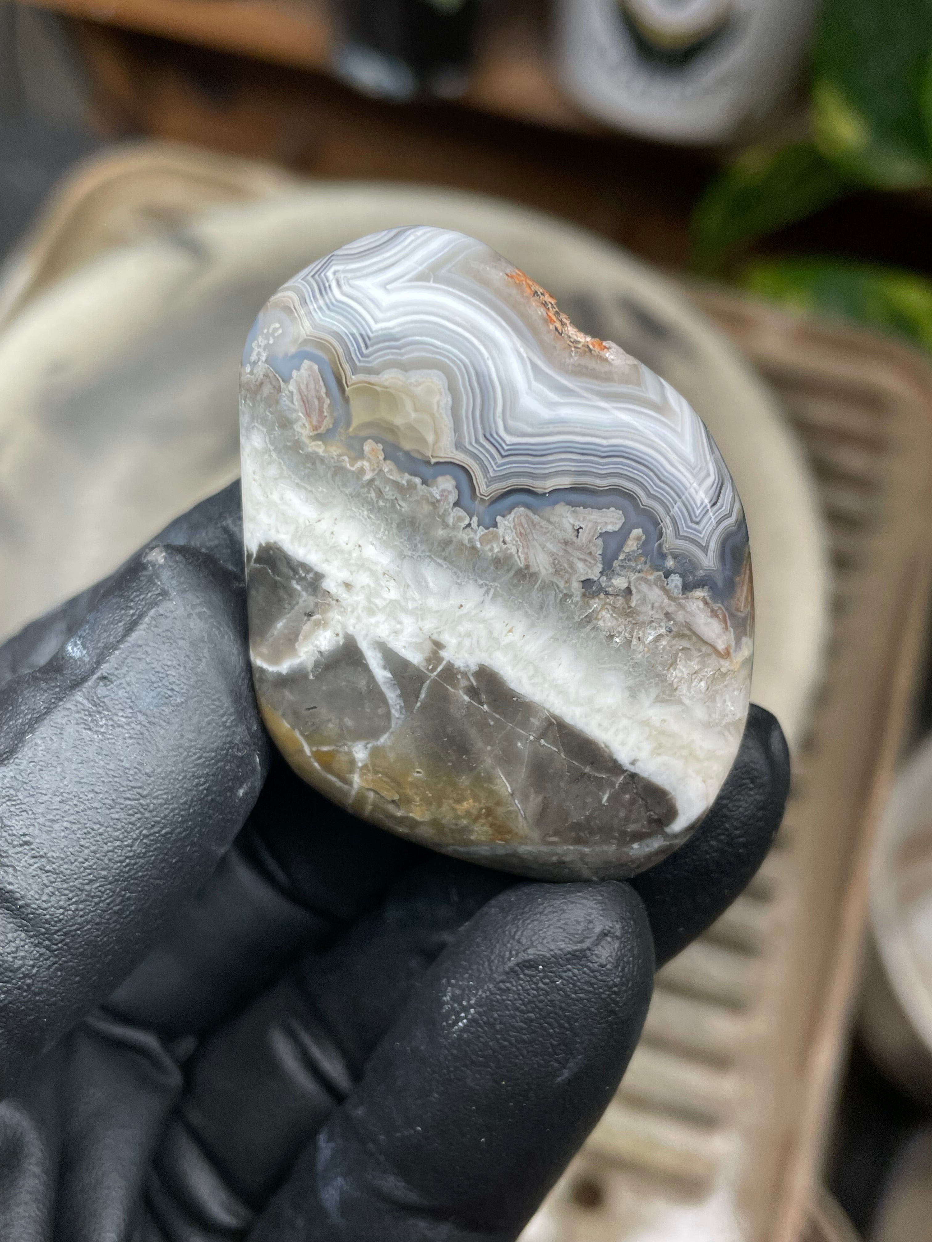 StoneBorn Creations Hand-Polished Banded Agate Freeform Display Stone | Natural Fortification Lines & Raw Crystal Texture