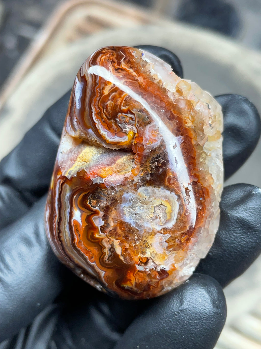 StoneBorn Creations Hand-Polished Fire Agate with Raw Crystal Top – Banded Natural Agate Display Stone