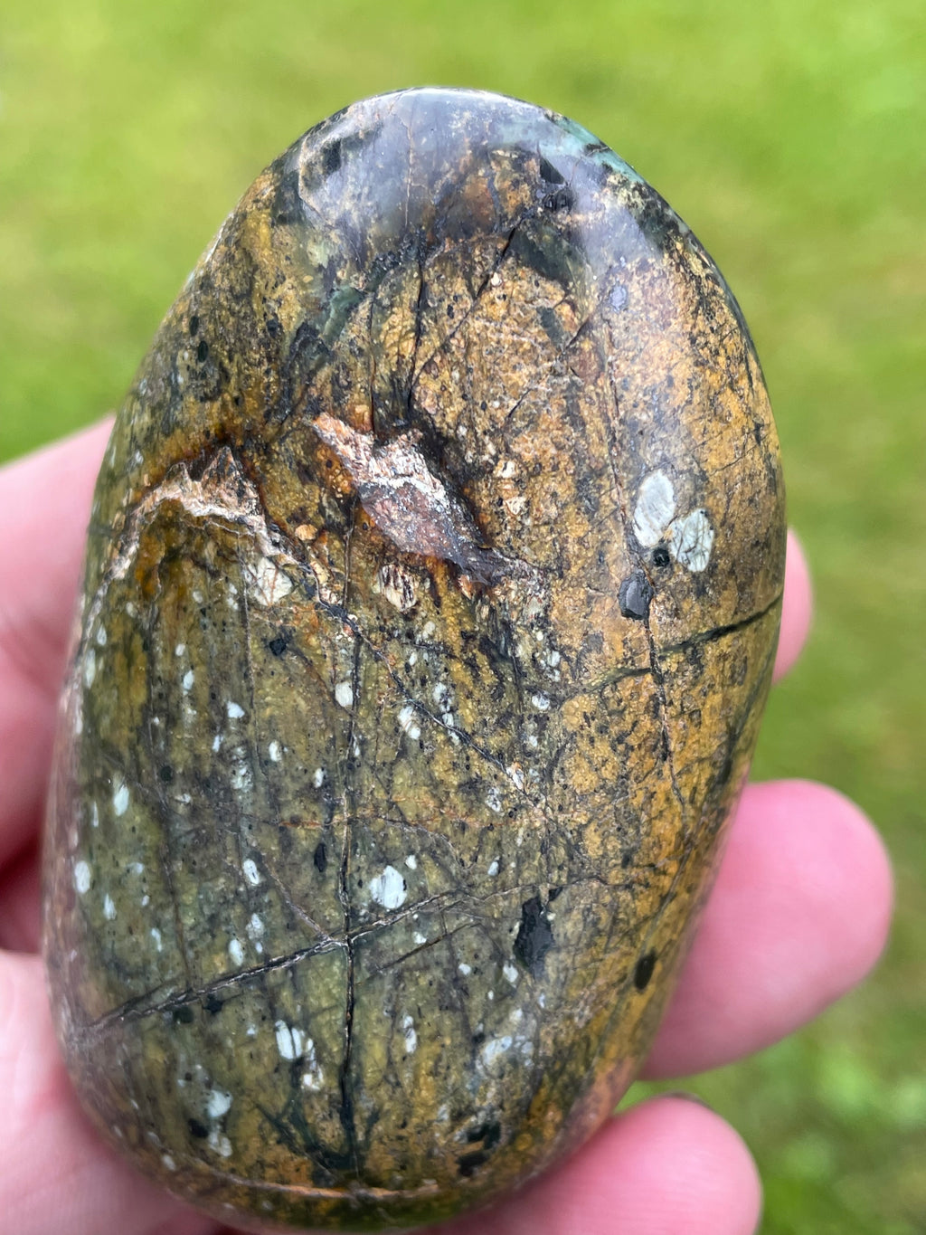 StoneBorn Creations Hand Polished Serpentine Freeform with Natural Olive Matrix, White Mineral Inclusions and Intricate Veining