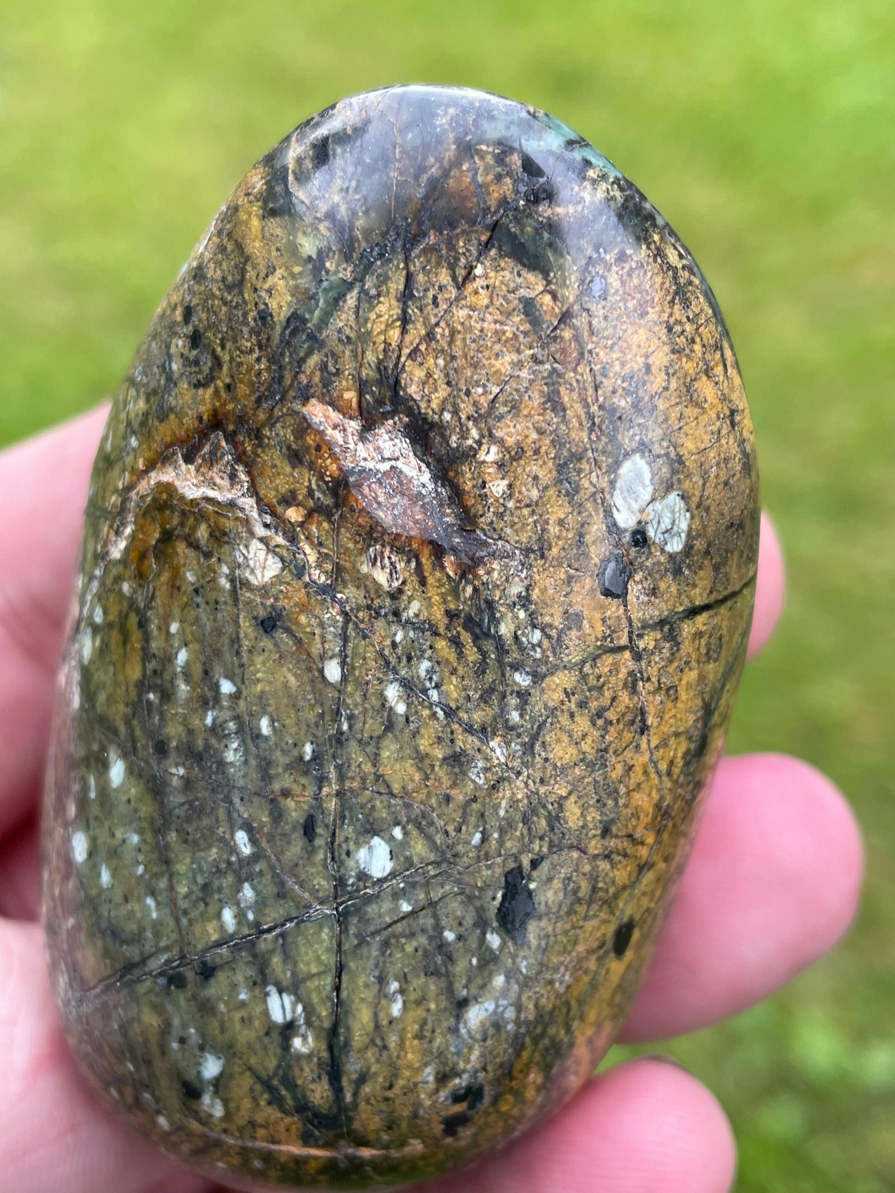 StoneBorn Creations Hand Polished Serpentine Freeform with Natural Olive Matrix, White Mineral Inclusions and Intricate Veining