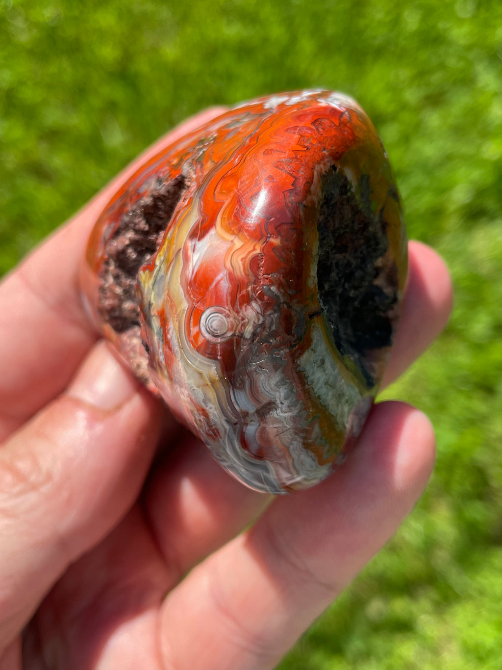 StoneBorn Creations Hand-Polished Lace Agate Freeform with Crimson Fortification Banding, Natural Druzy Pocket, and Preserved Volcanic Matrix