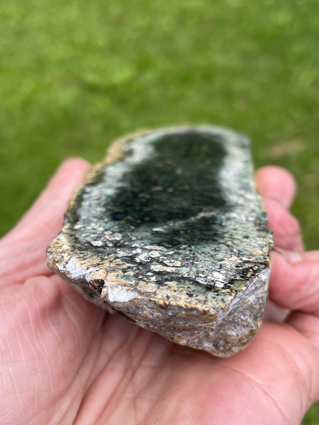 StoneBorn Creations – Deep Forest Green Serpentine Display Stone | Natural Polished Face with Black & Sage Green Mineral Patterns
